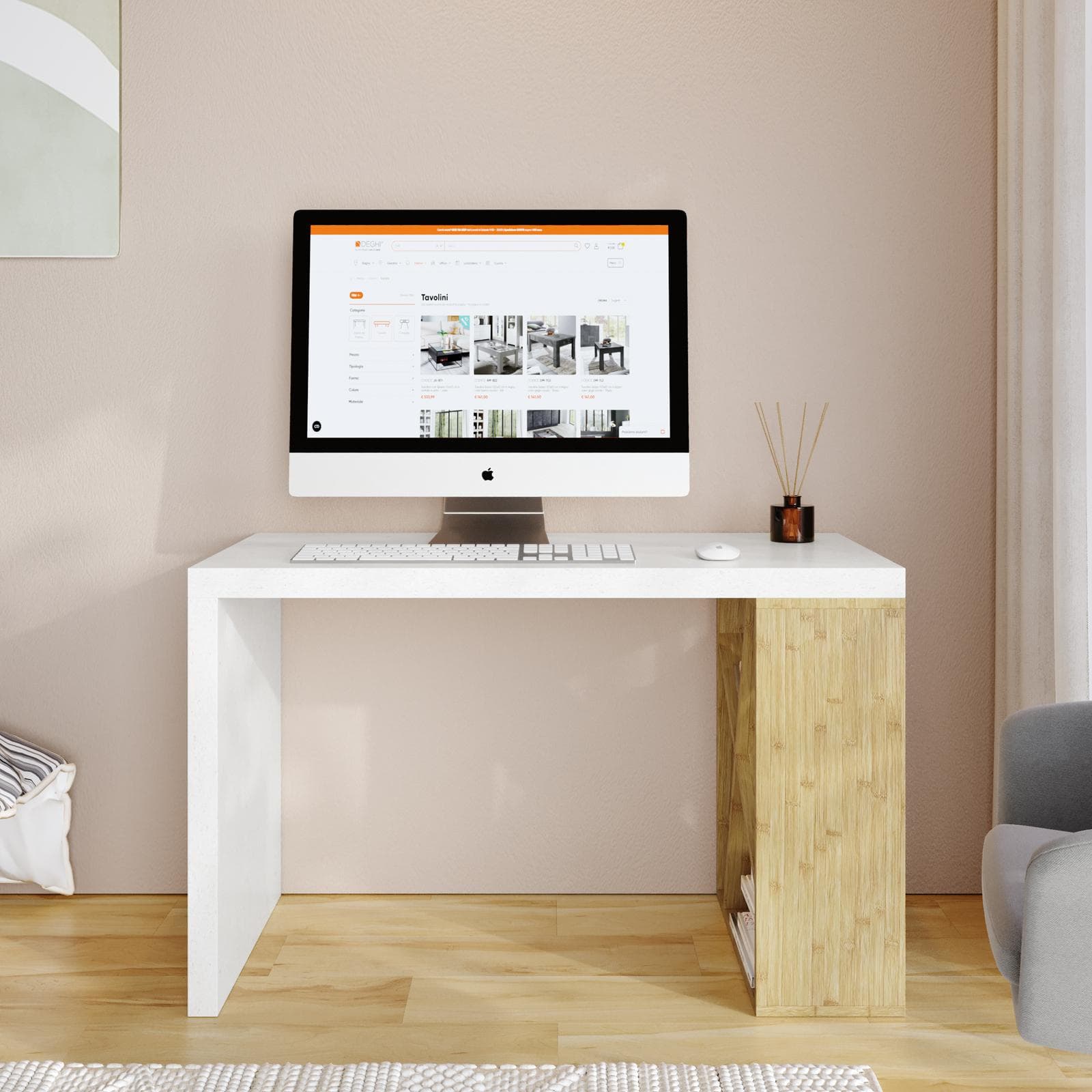 Scrivania 120x60 cm con top in legno bianco con striature oro e libreria in legno di bambù - Spinner