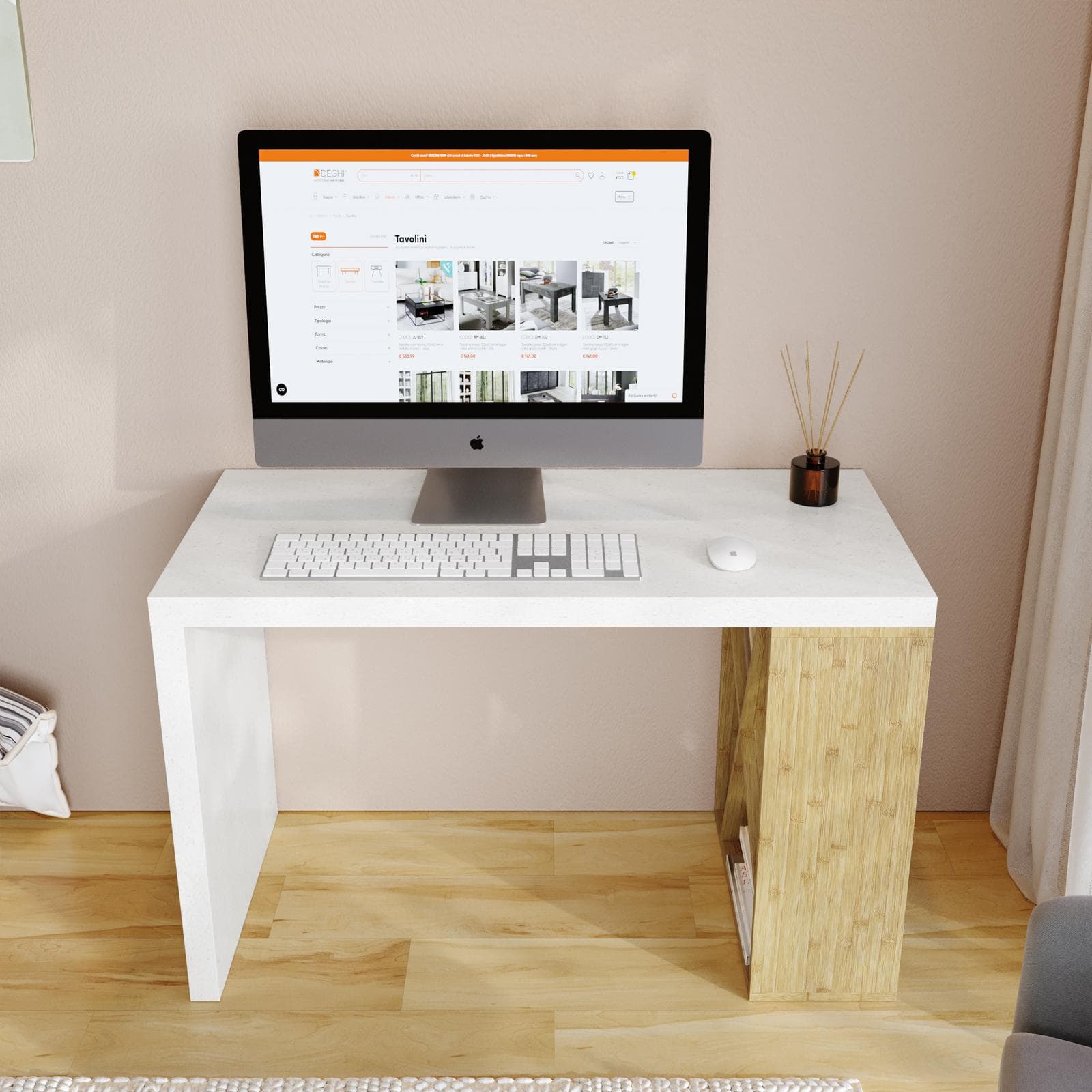 Scrivania 120x60 cm con top in legno bianco con striature oro e libreria in legno di bambù - Spinner