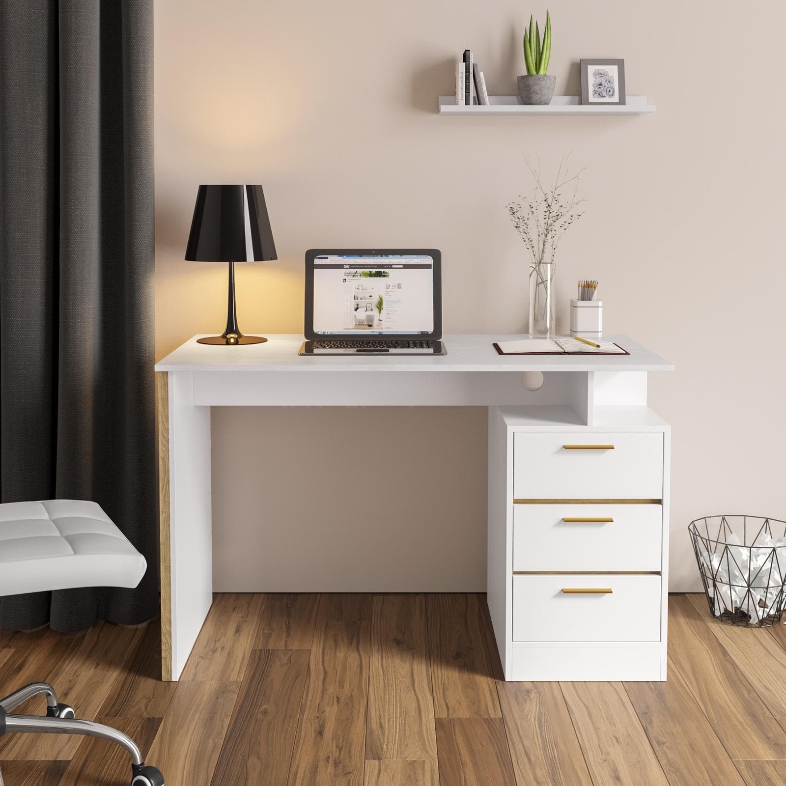 Scrivania 120x76h con con cassettiera in legno bianco e passacavi - Lanos