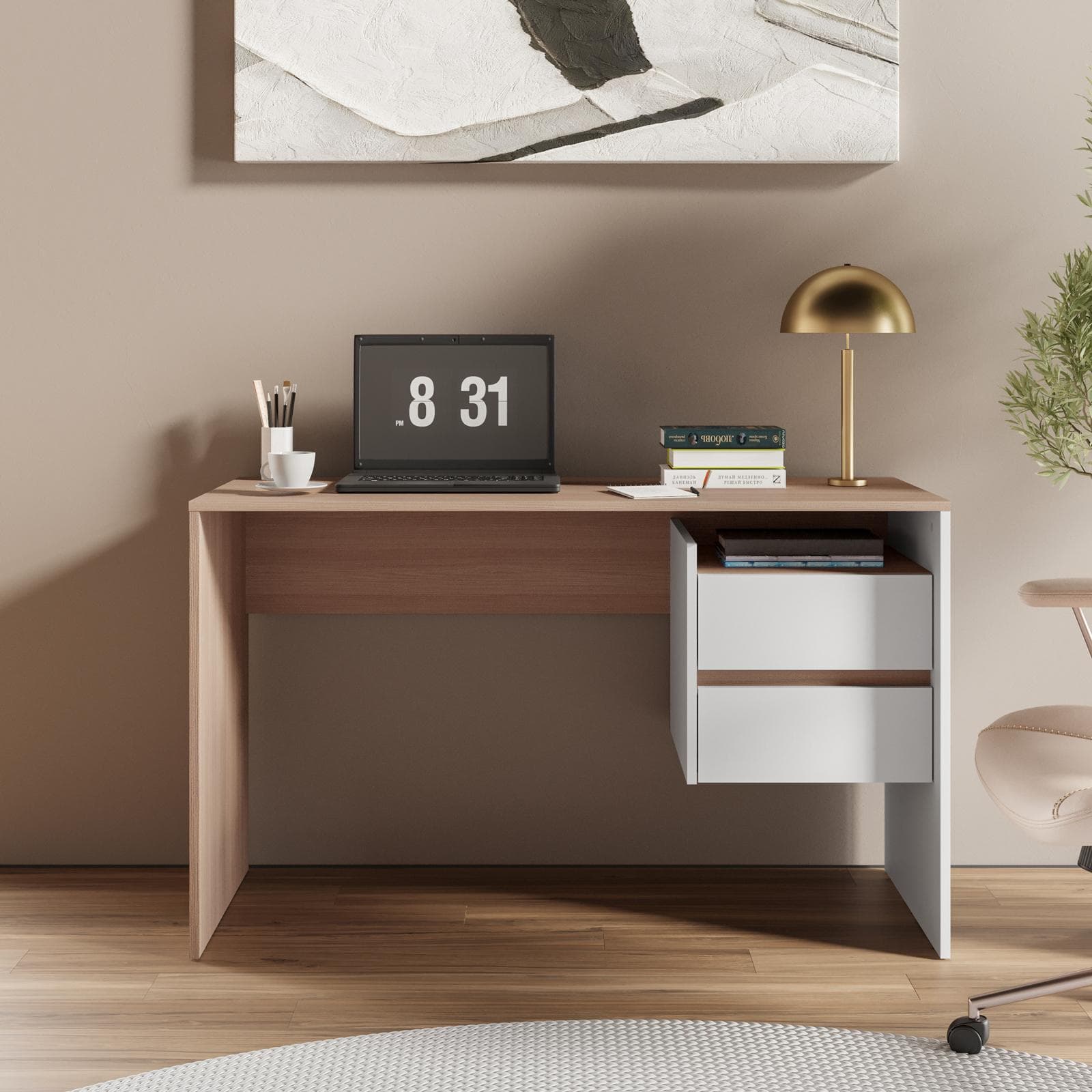 Scrivania 120x52 cm legno effetto rovere e bianco con 2 cassetti - Pretty