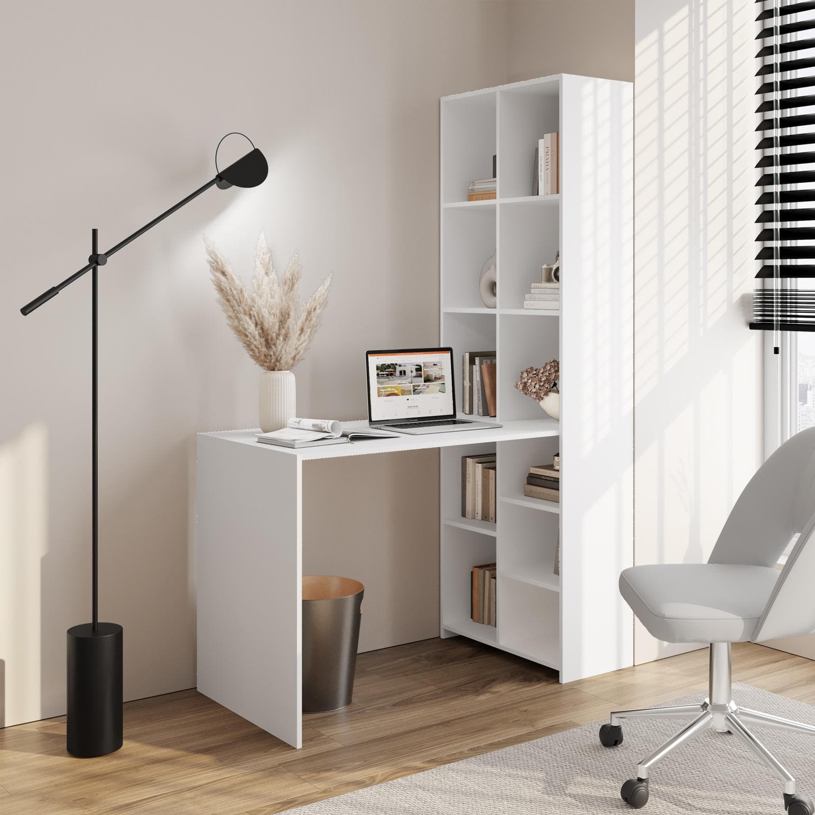 Scrivania 120x60 cm in legno bianco opaco con libreria integrata h182 cm - Sketto