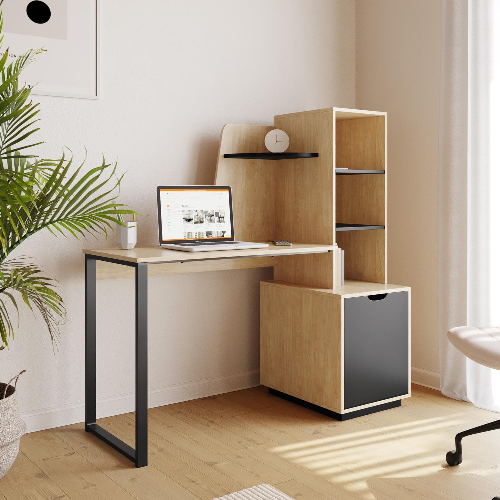 Scrivania 50x137 h cm effetto rovere chiaro e nero con libreria - Electa