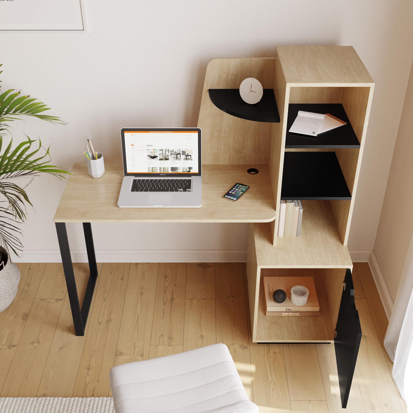 Scrivania 50x137 h cm effetto rovere chiaro e nero con libreria - Electa