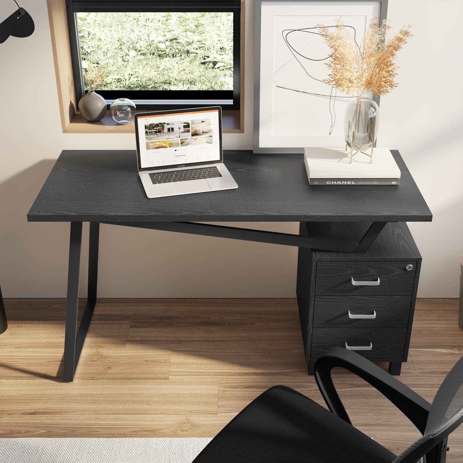 Scrivania 140x60 cm reversibile in legno e acciaio nero con cassettiera integrata - Arrow