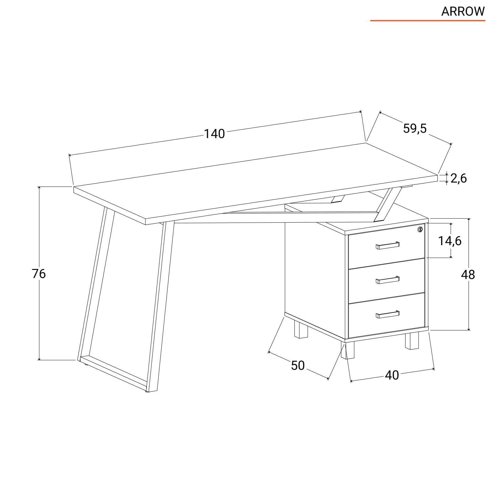 Scrivania 140x60 cm reversibile in legno e acciaio nero con cassettiera integrata - Arrow