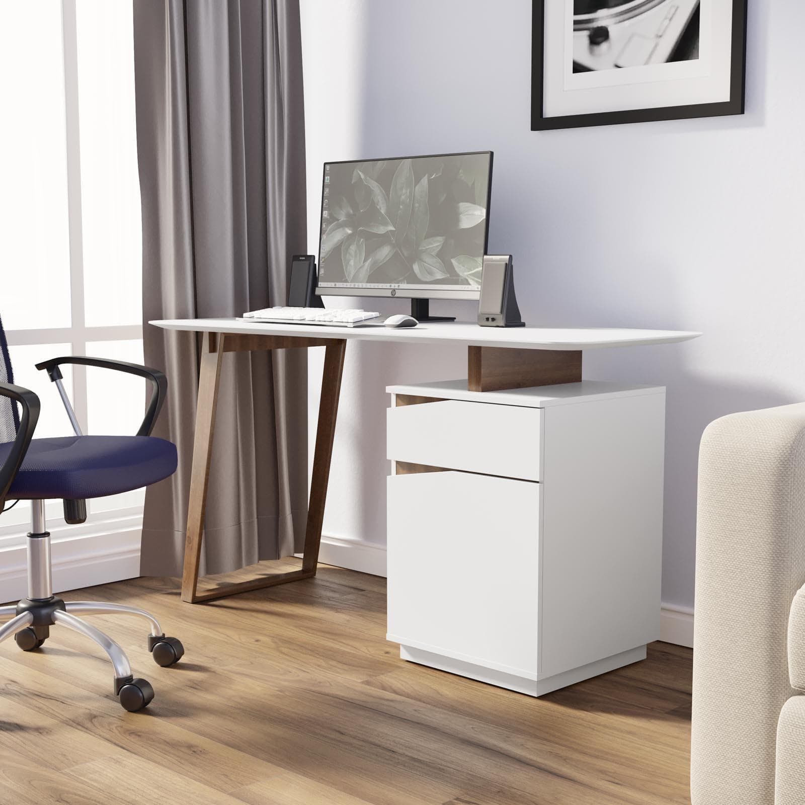 Scrivania 140x60 cm in legno bianco opaco e gamba in legno scuro con mobile integrato - Rabbit
