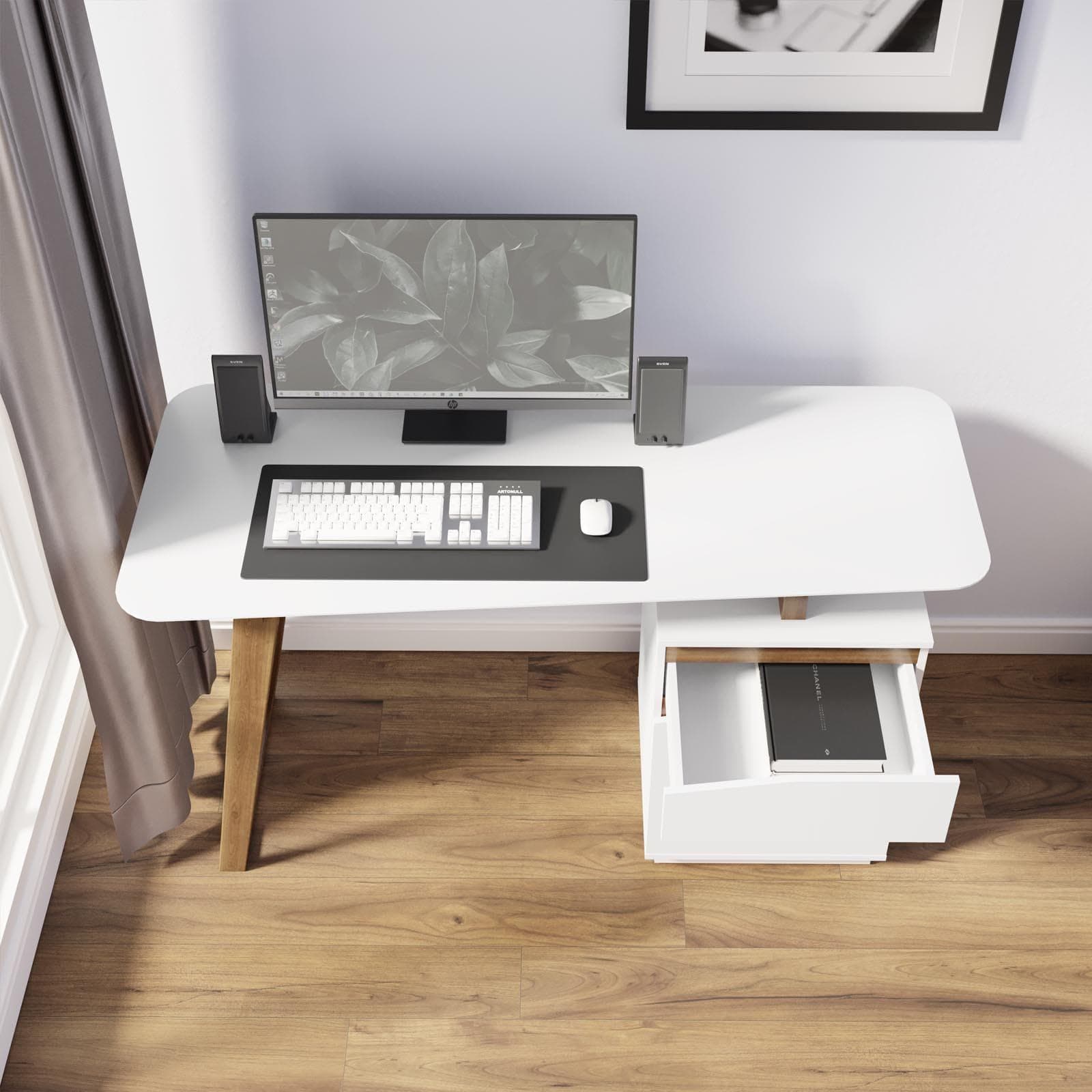 Scrivania 140x60 cm in legno bianco opaco e gamba in legno scuro con mobile integrato - Rabbit