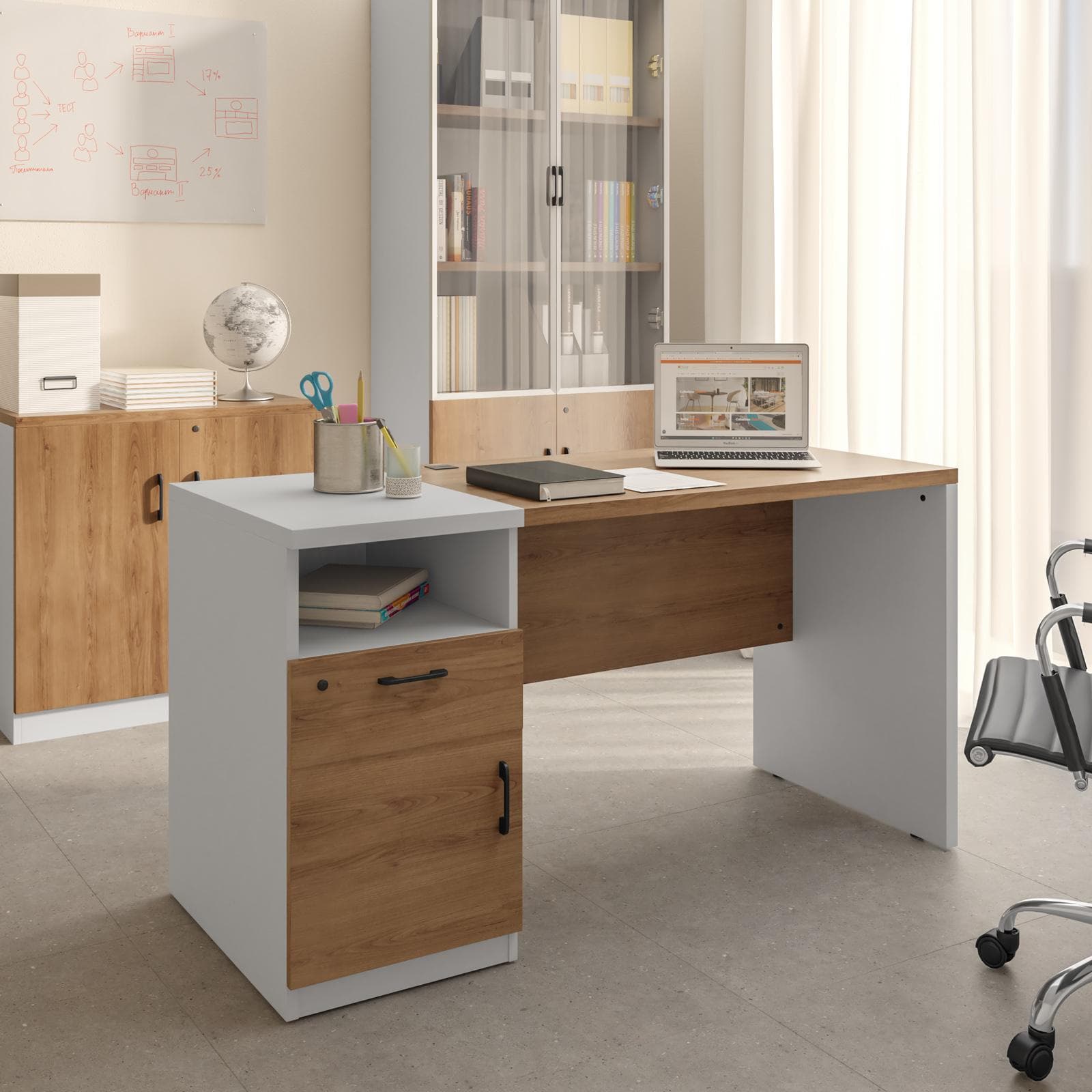 Scrivania 140x60 cm in legno bianco e rovere con cassettiera integrata e soft close - Lenox