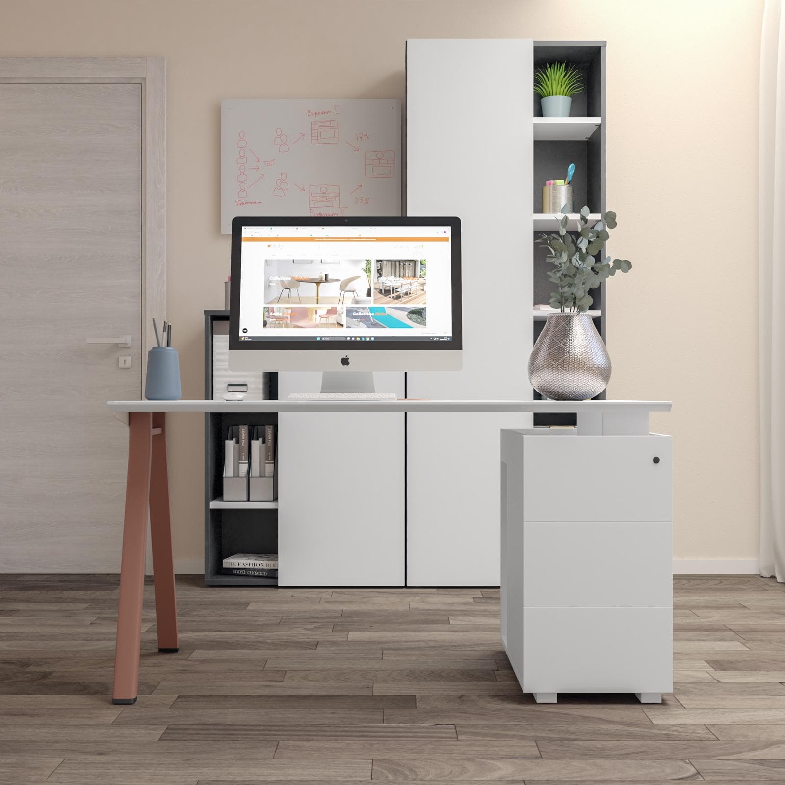 Scrivania 140x60 cm in legno bianco e gambe in metallo terracotta con cassettiera e passacavi - Burlar