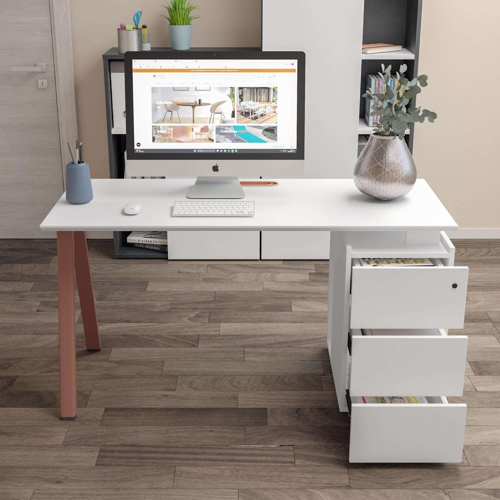 Scrivania 140x60 cm in legno bianco e gambe in metallo terracotta con cassettiera e passacavi - Burlar