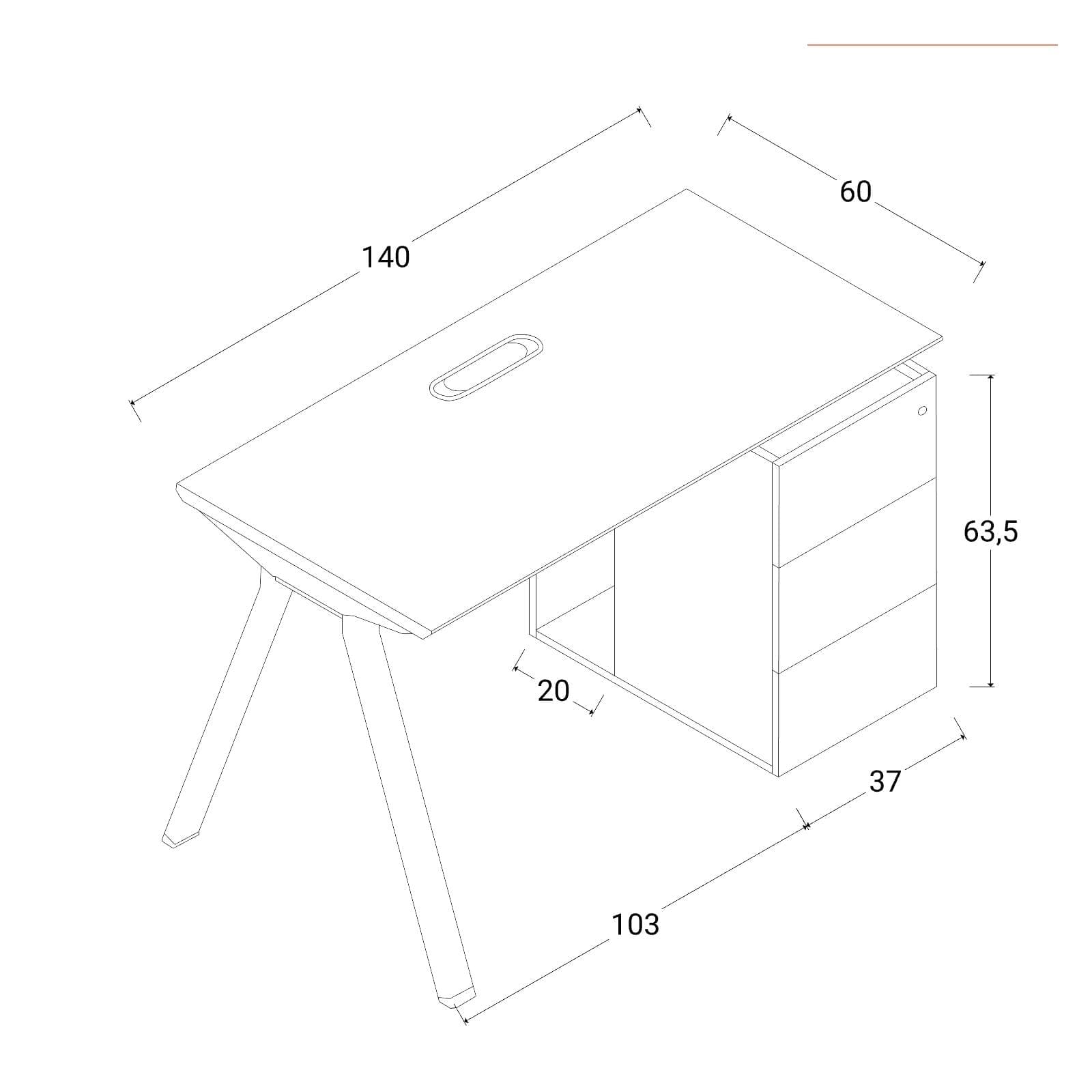 Scrivania 140x60 cm in legno bianco e gambe in metallo terracotta con cassettiera e passacavi - Burlar