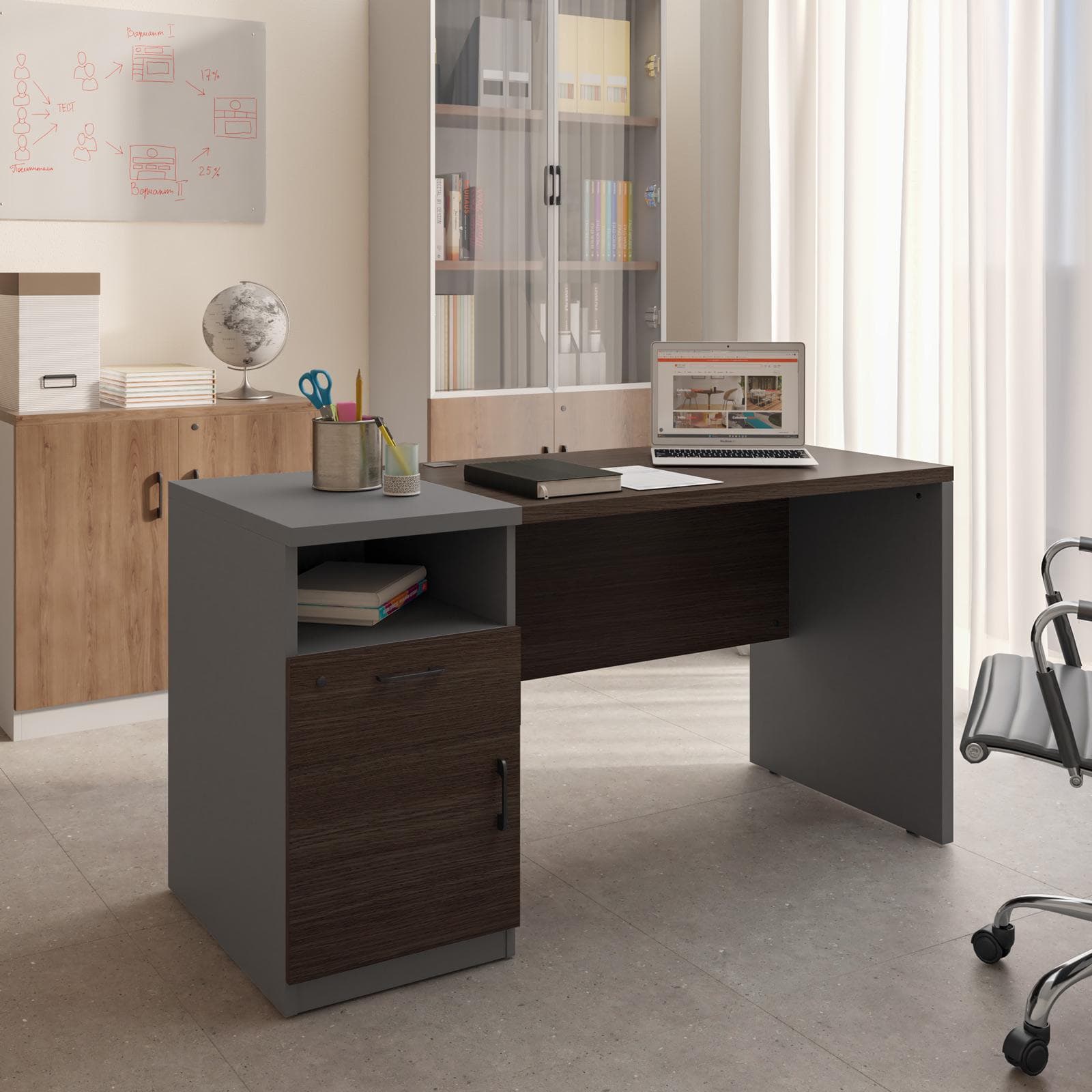Scrivania 140x60 cm in legno noce e grigio con cassettiera integrata e soft close - Lenox
