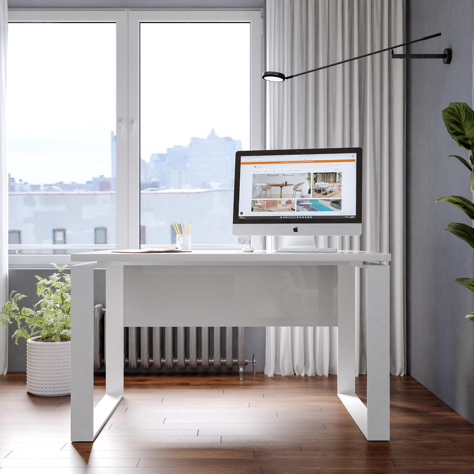 Scrivania 140x80 cm con top bianco lucido da 30 mm e gambe in metallo - Homely office