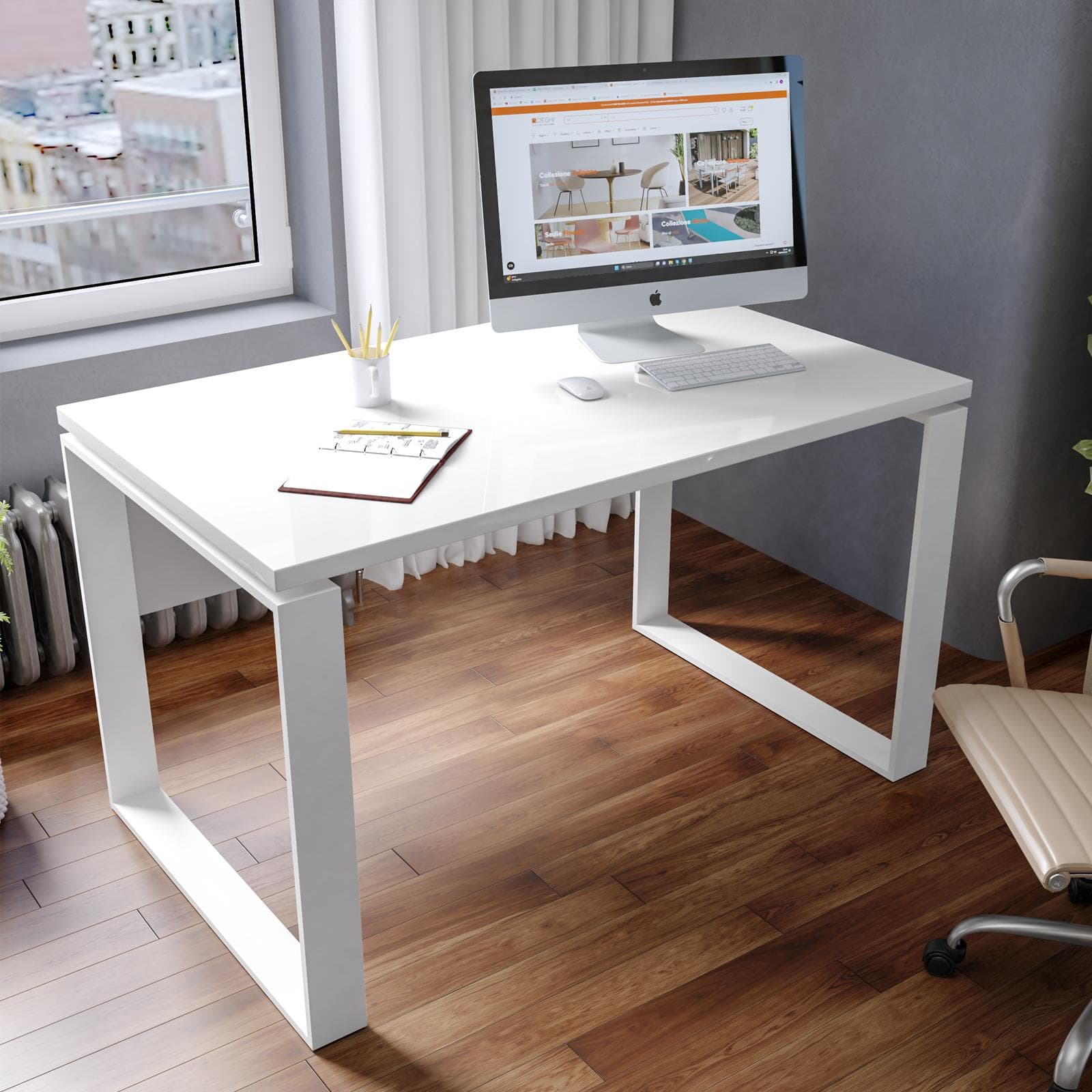 Scrivania 140x80 cm con top bianco lucido da 30 mm e gambe in metallo - Homely office