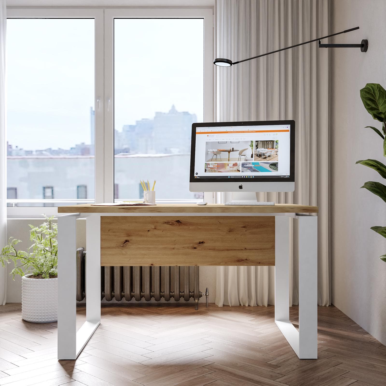Scrivania 140x80 cm con top rovere artisan da 30 mm e gambe in metallo bianco - Homely office