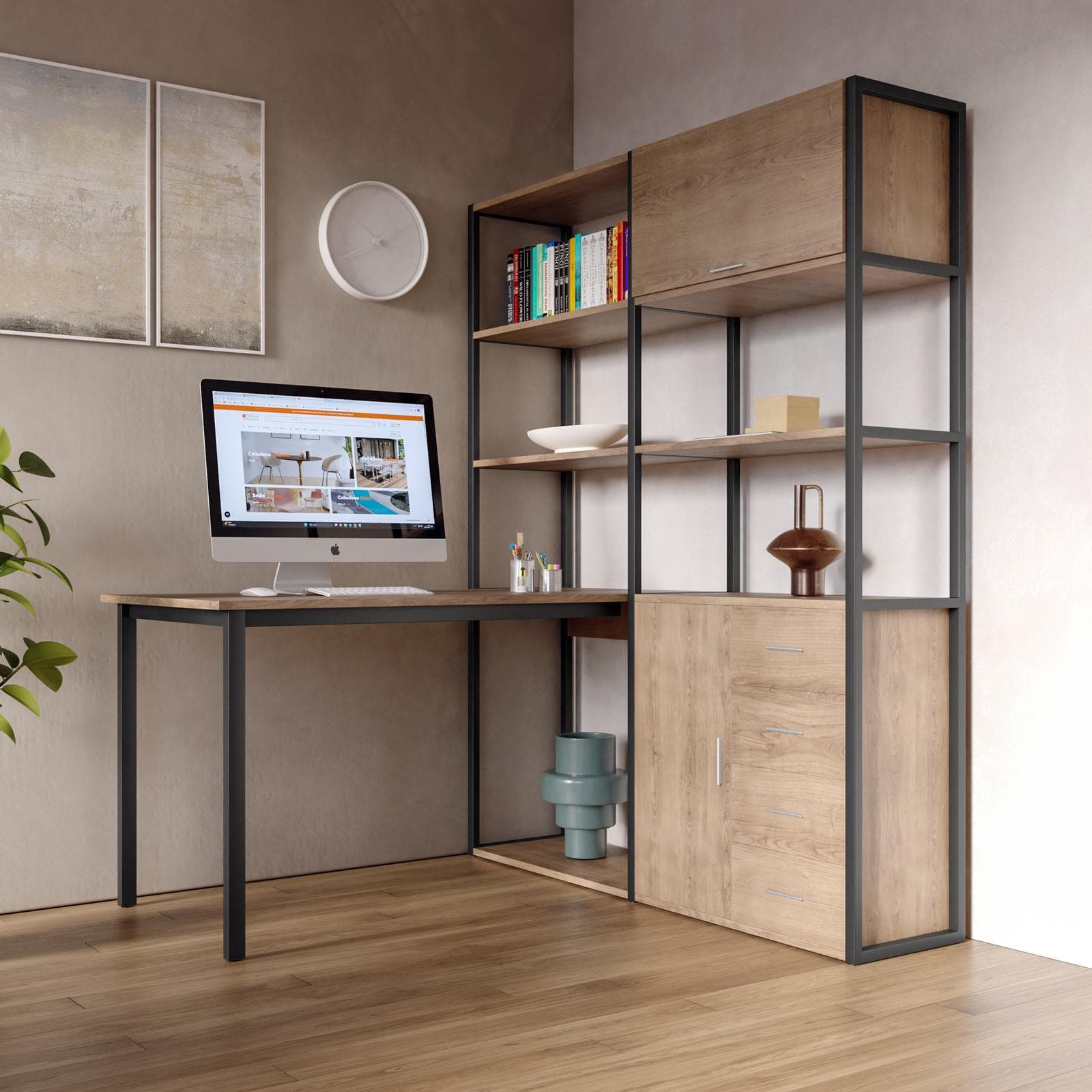 Scrivania 143x150 cm effetto noce ritz e metallo nero con libreria integrata h184 cm - Apta