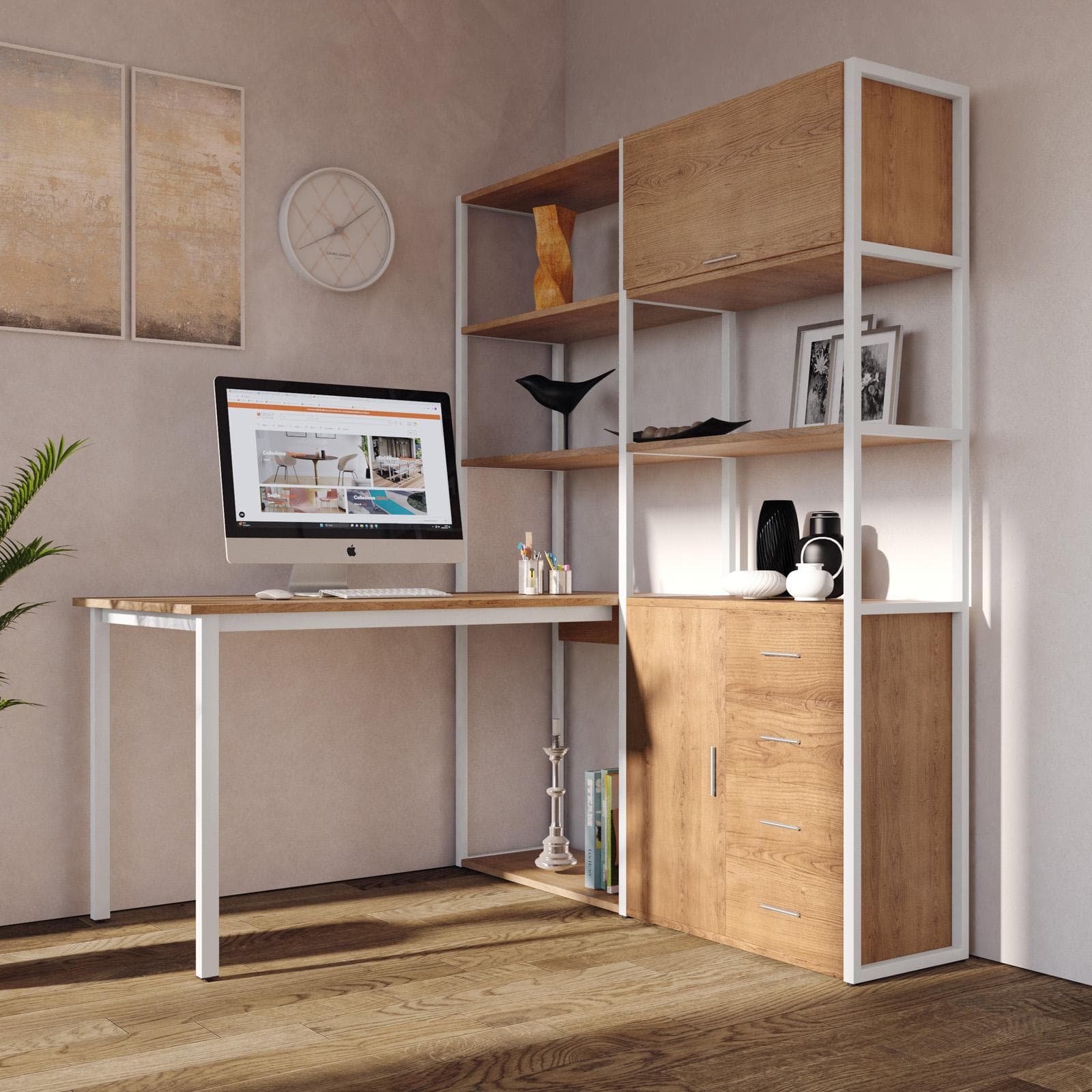 Scrivania 143x150 cm effetto noce ritz con libreria integrata h184 cm - Apta