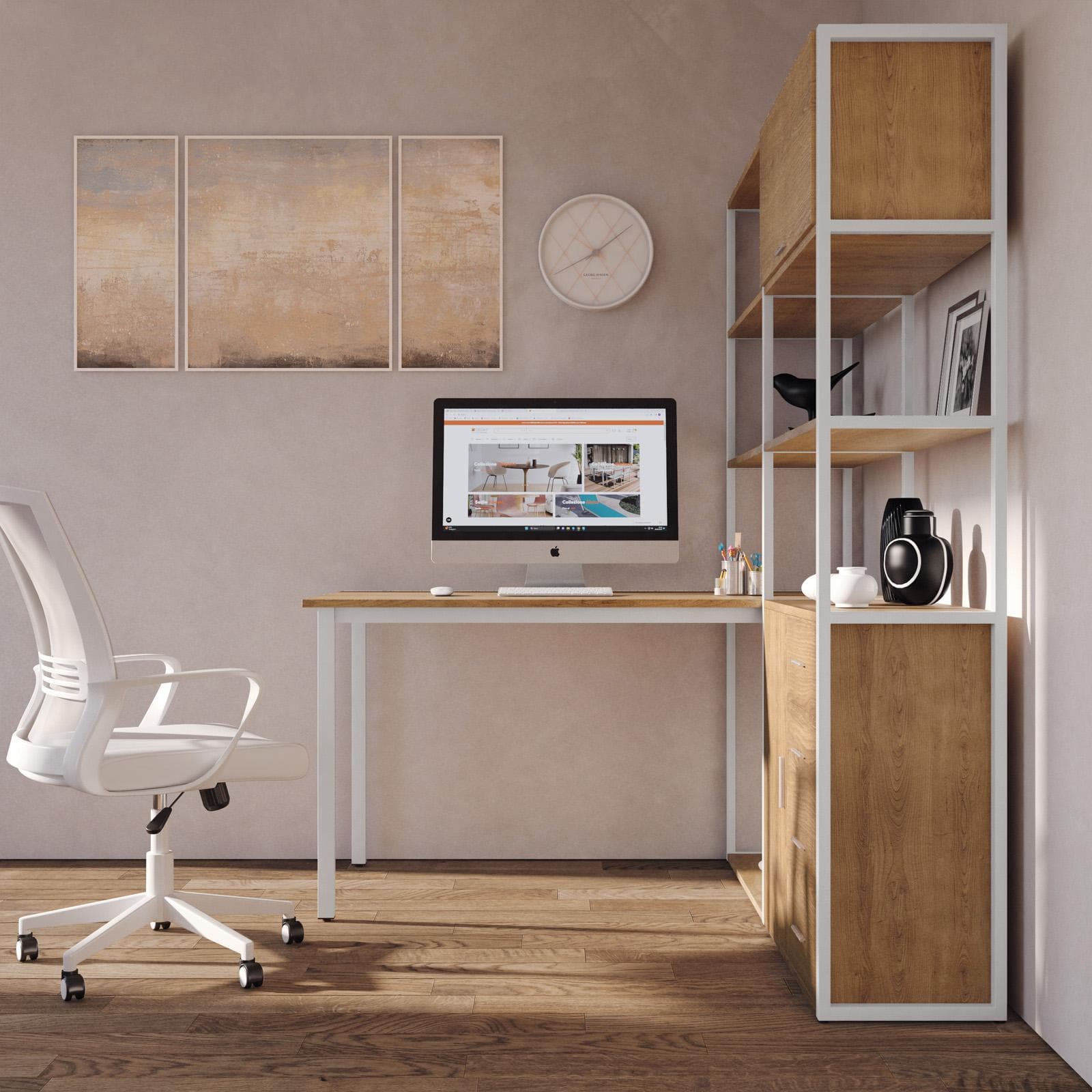 Scrivania 143x150 cm effetto noce ritz con libreria integrata h184 cm - Apta