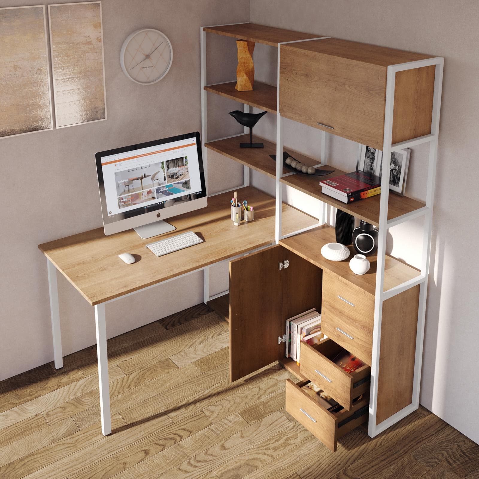 Scrivania 143x150 cm effetto noce ritz con libreria integrata h184 cm - Apta