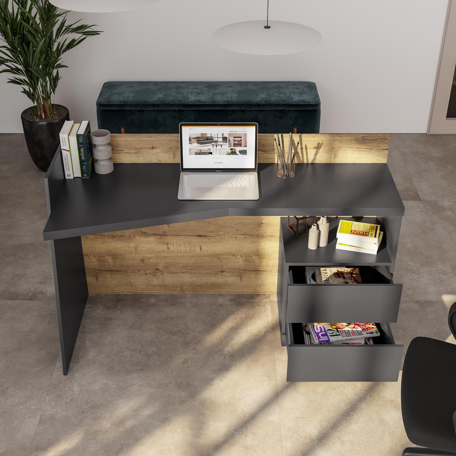 Scrivania reception 145x40 in legno antracite e rovere chiaro con piano asimmetrico e cassettiera integrata - Kelvis