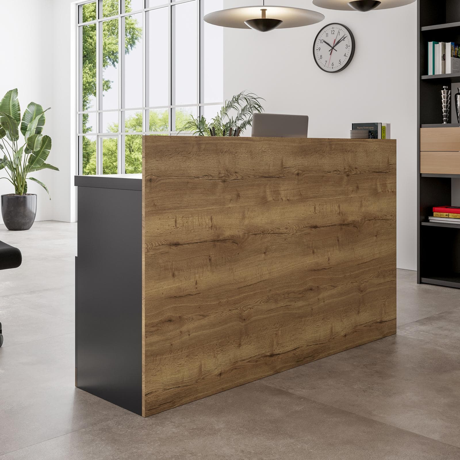 Scrivania reception 145x40 in legno antracite e rovere chiaro con piano asimmetrico e cassettiera integrata - Kelvis
