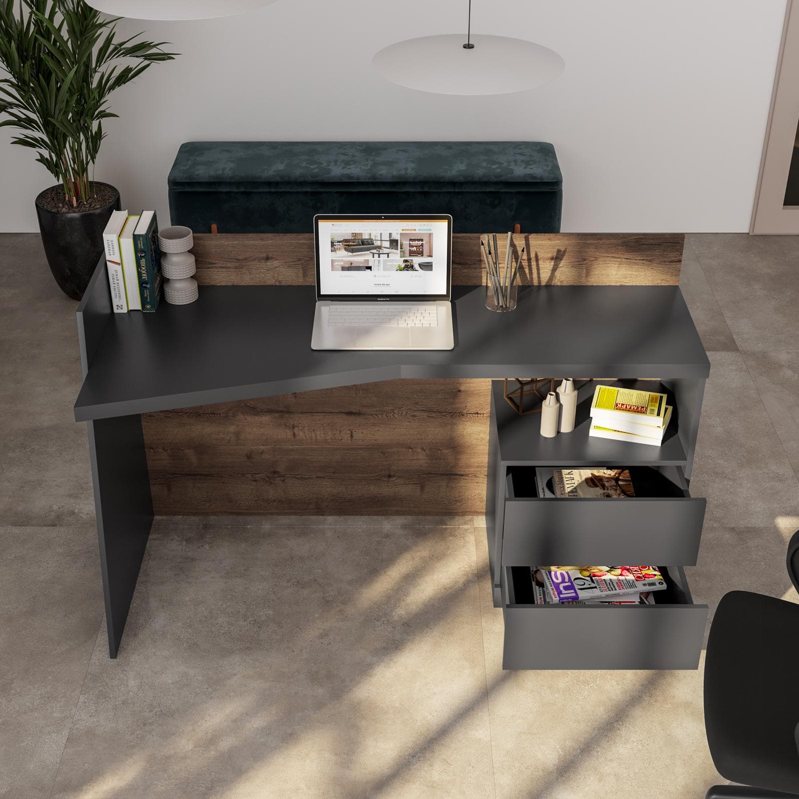 Scrivania reception 145x40 in legno antracite e rovere scuro con piano asimmetrico e cassettiera integrata - Kelvis