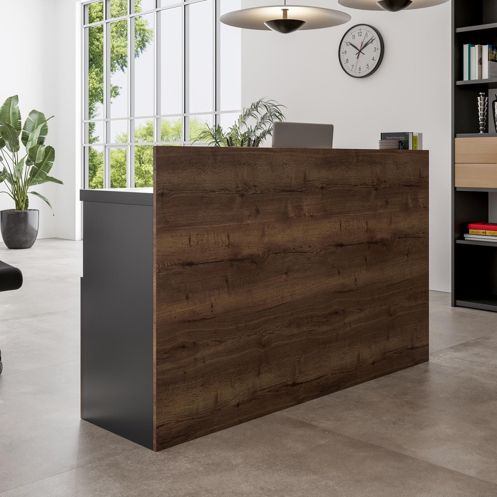 Scrivania reception 145x40 in legno antracite e rovere scuro con piano asimmetrico e cassettiera integrata - Kelvis