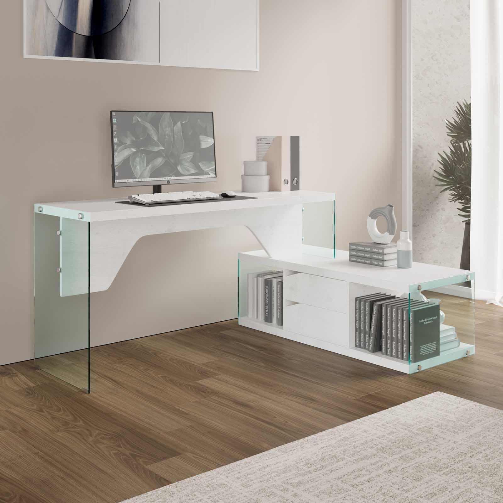 Scrivania 147x120 cm in legno bianco e vetro temperato con mobile contenitore integrato - Sidecar