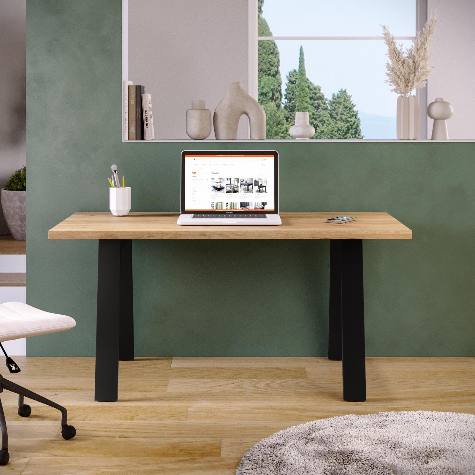 Scrivania 150x70 cm top effetto rovere gold 38 mm e gambe in metallo nero - Juls