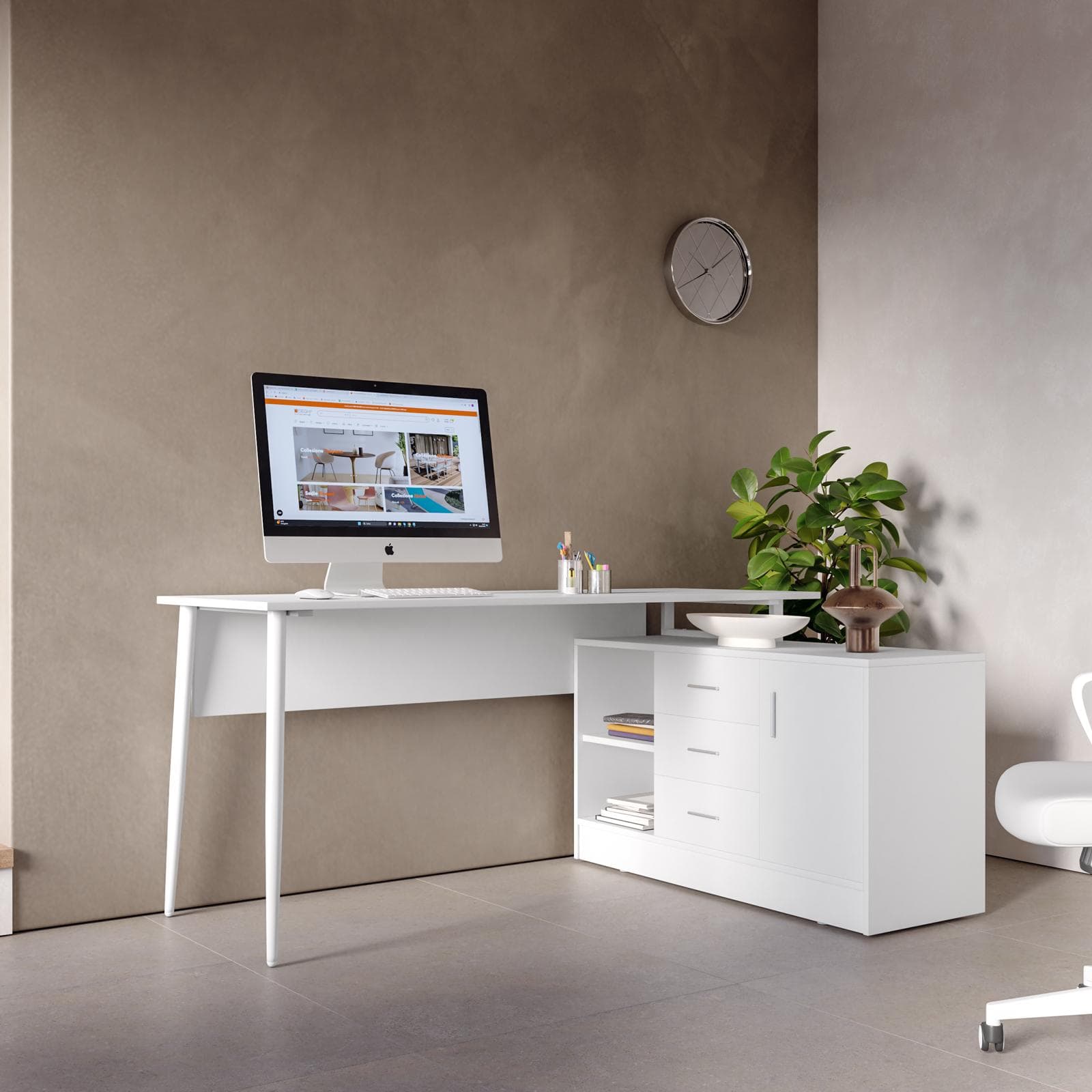 Scrivania 160x60 cm bianco con mobile contenitore integrato - Apta