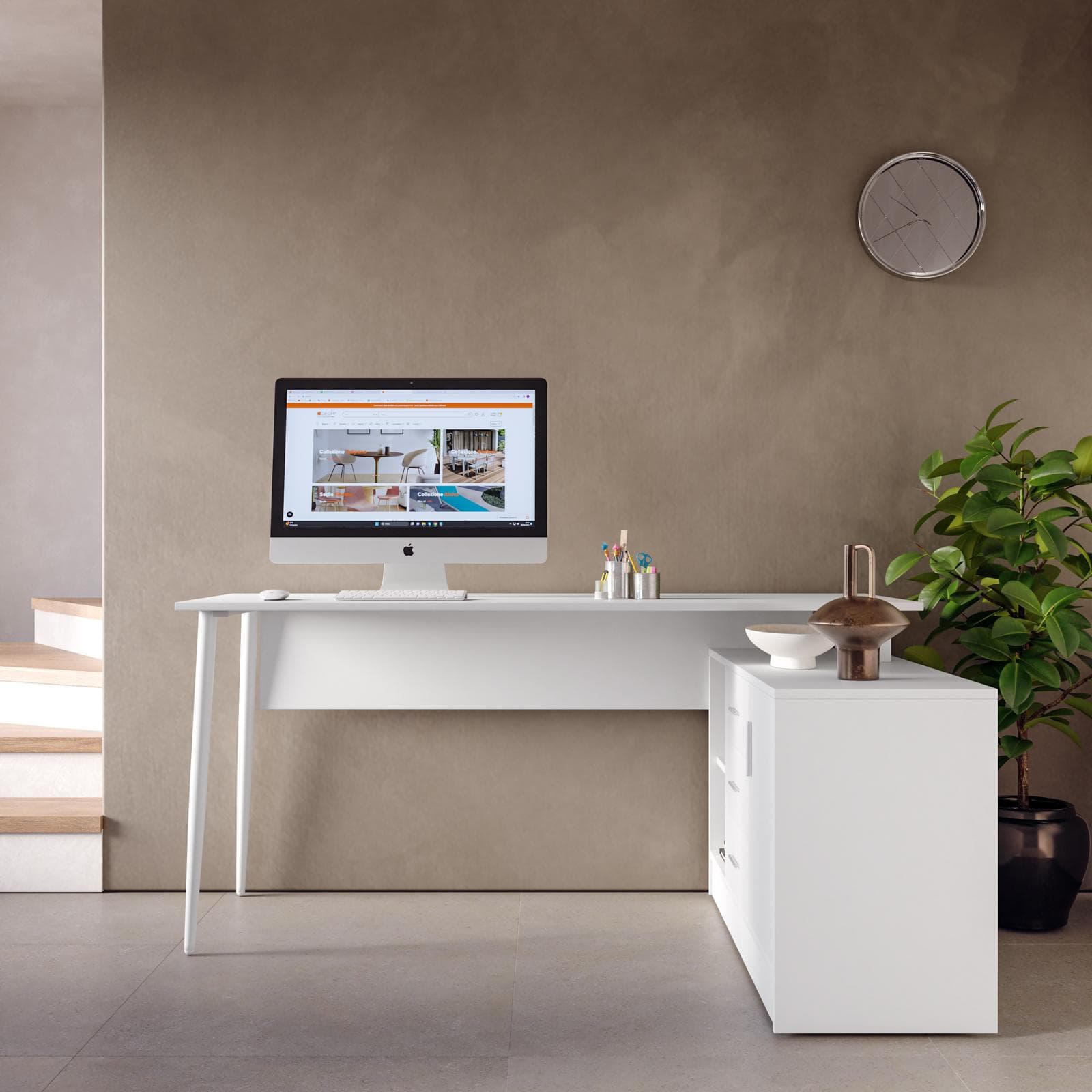 Scrivania 160x60 cm bianco con mobile contenitore integrato - Apta