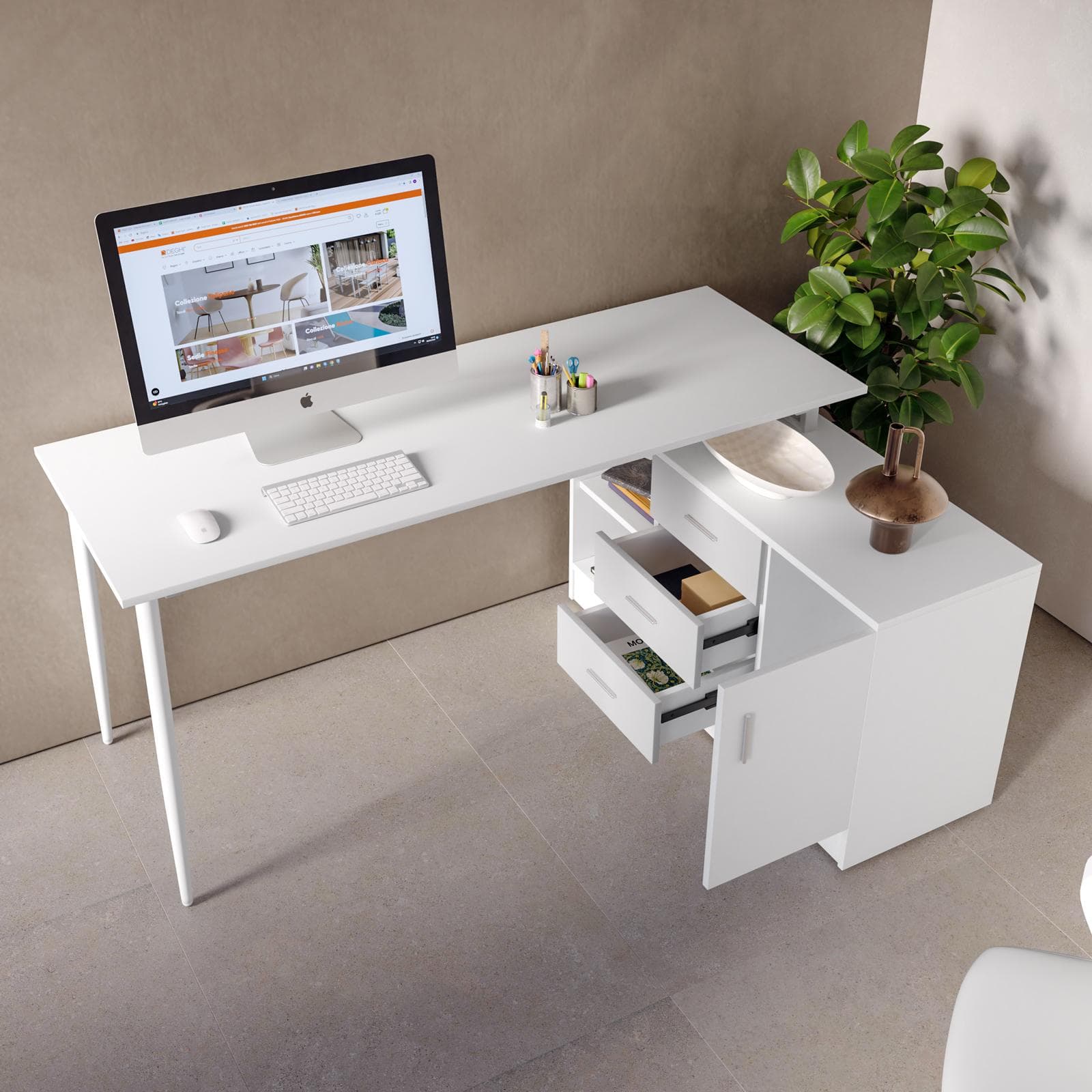 Scrivania 160x60 cm bianco con mobile contenitore integrato - Apta