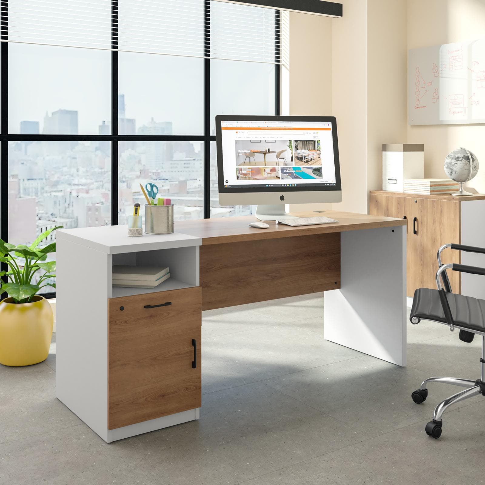 Scrivania 160x60 cm in legno bianco e rovere con cassettiera integrata e soft close - Lenox