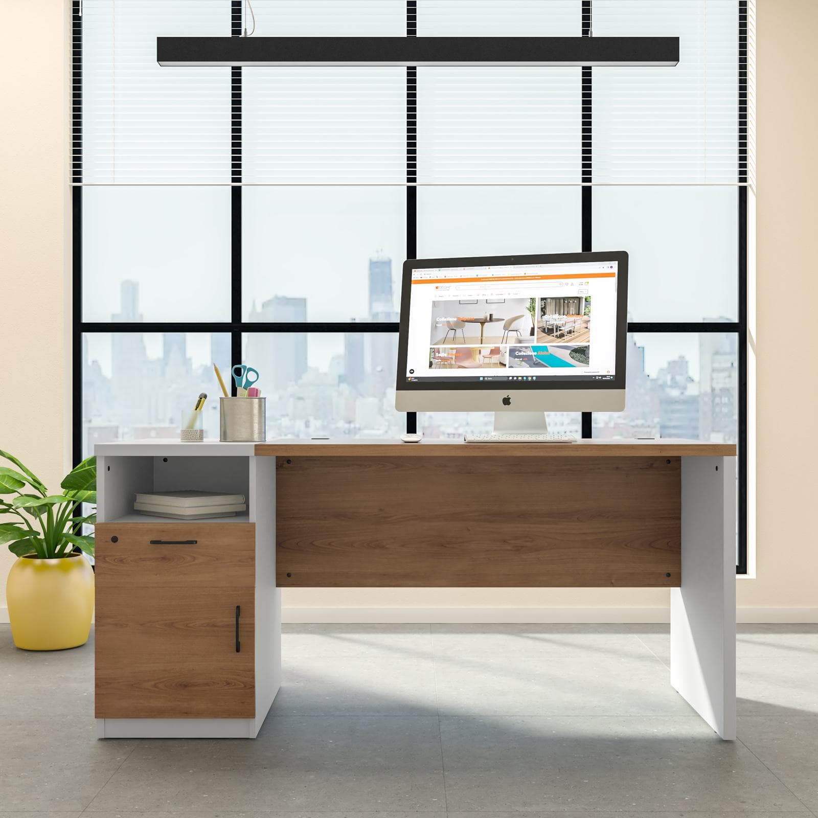 Scrivania 160x60 cm in legno bianco e rovere con cassettiera integrata e soft close - Lenox