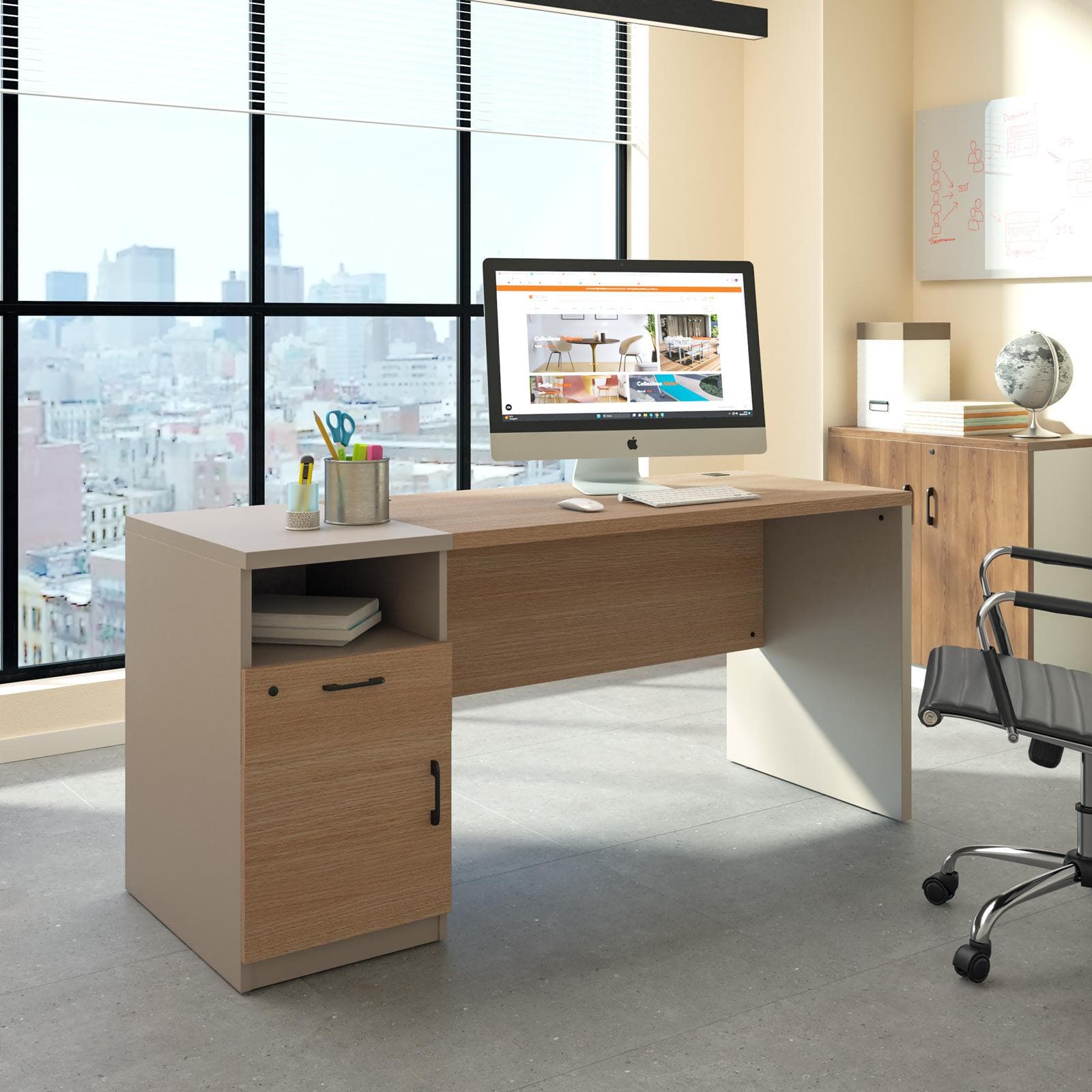 Scrivania 160x60 cm in legno rovere road e tortora con cassettiera integrata e soft close - Lenox