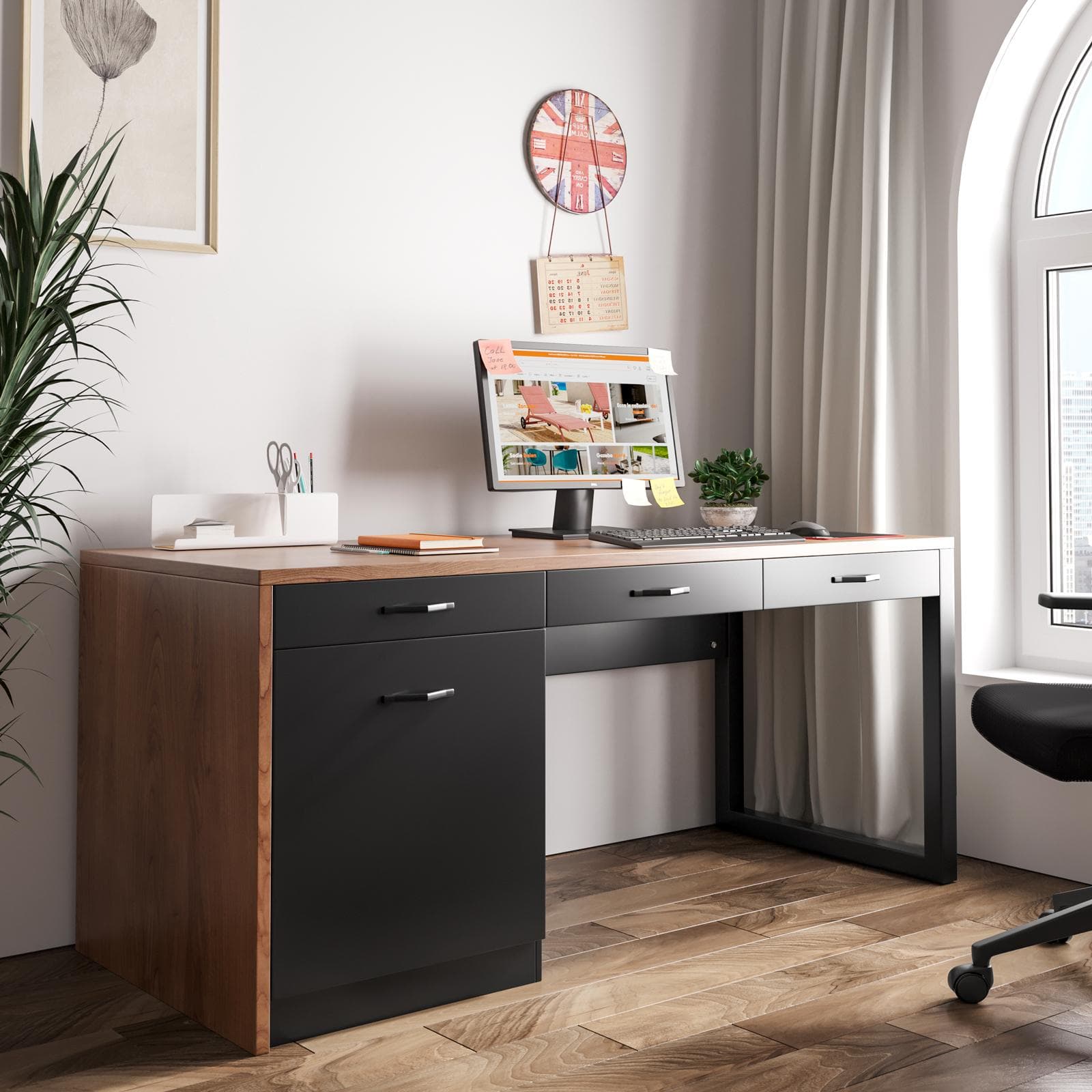 Scrivania 170x75h in legno nero con top rovere e cassettiera integrata - Gaude