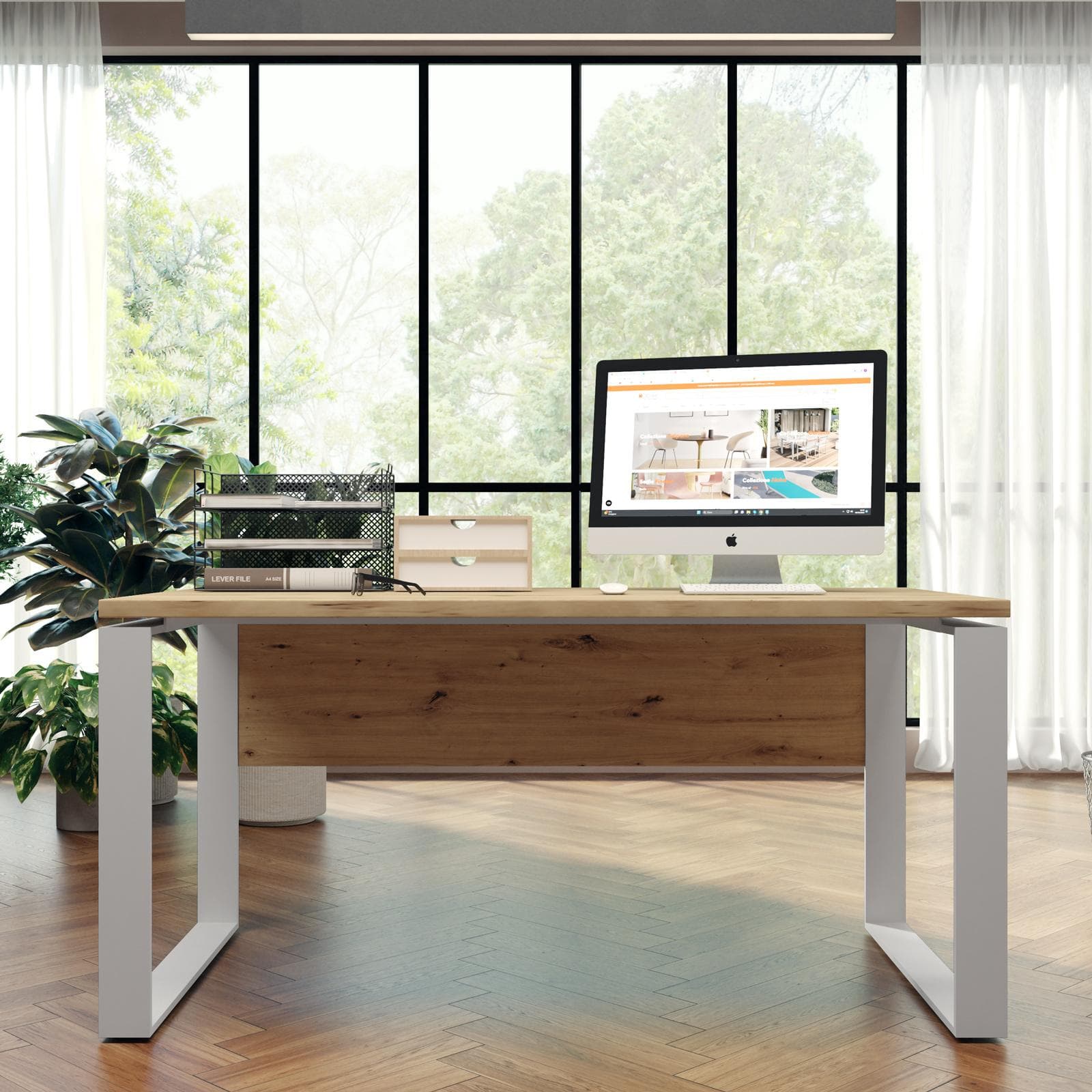 Scrivania 170x80 cm top rovere artisan da 30 mm e gambe in metallo bianco - Homely office