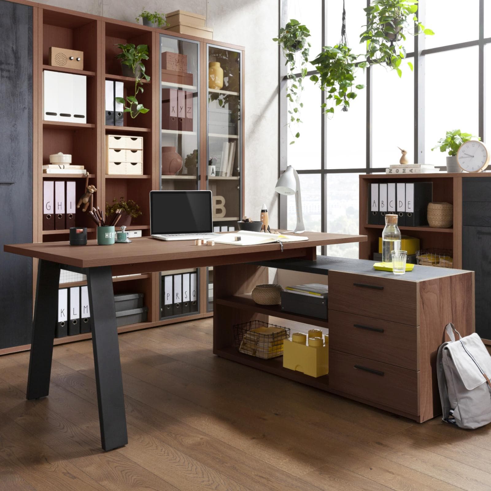 Scrivania angolare 172x144 cm top noce brera da 30 mm con cassettiera - Historic brown