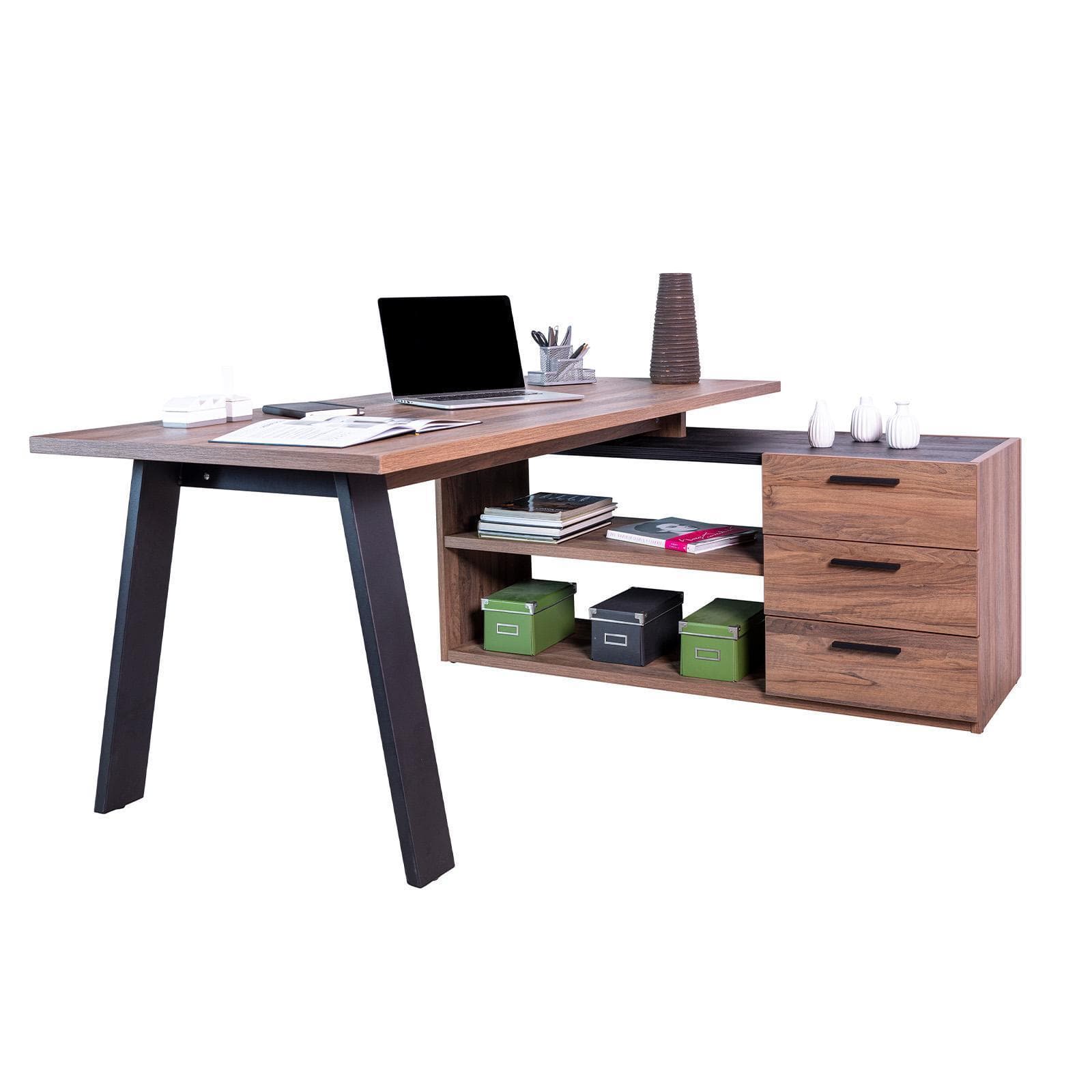 Scrivania angolare 172x144 cm top noce brera da 30 mm con cassettiera - Historic brown