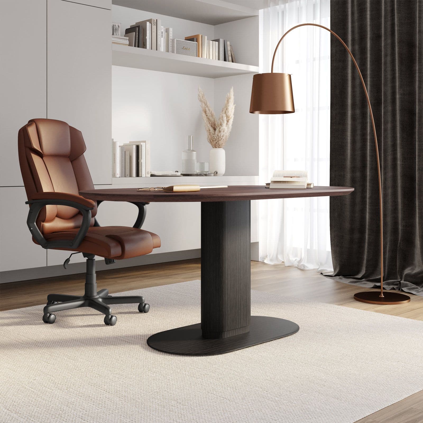 Scrivania ovale 180x90 cm top in legno con gamba centrale e base in metallo nero - Raynold