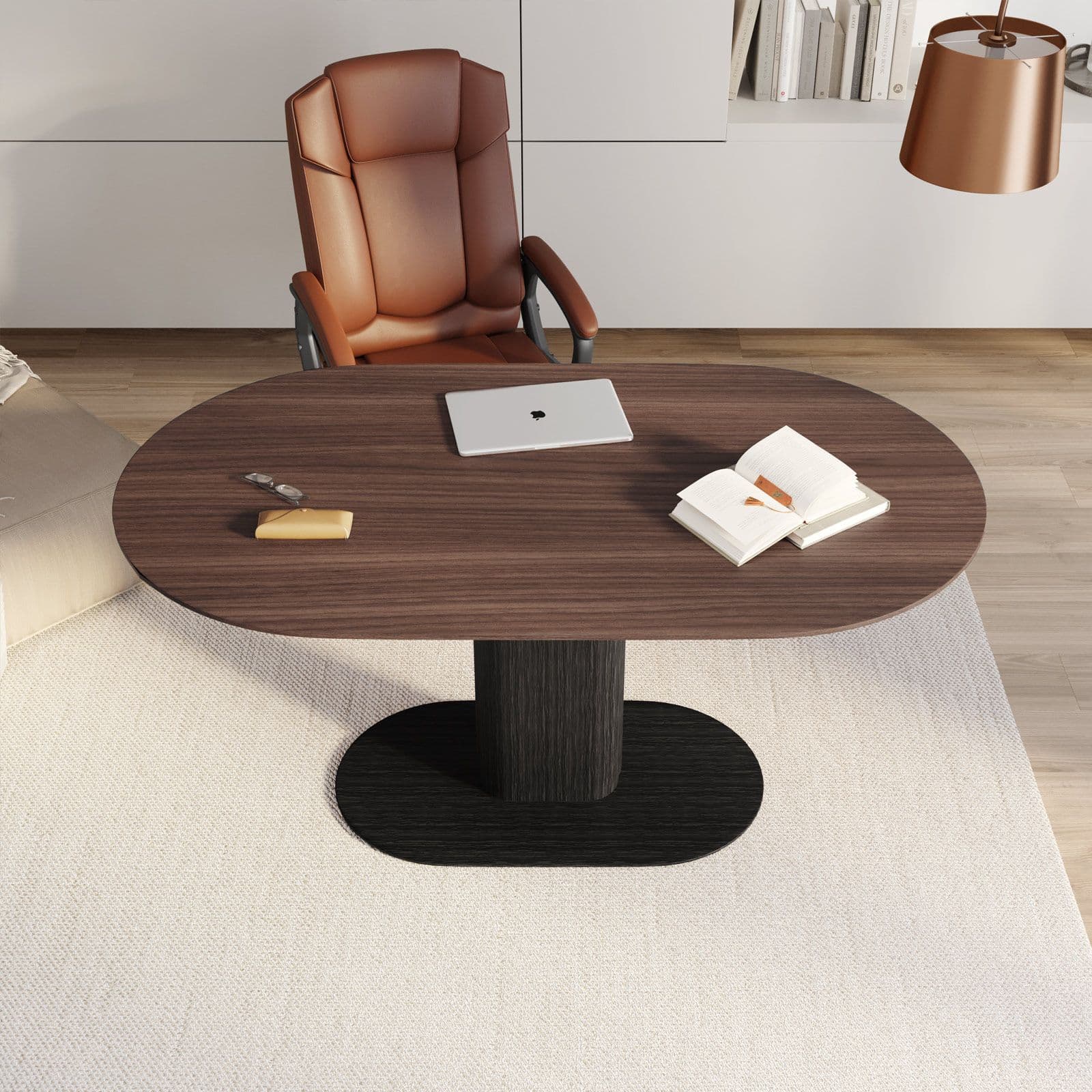 Scrivania ovale 180x90 cm top in legno con gamba centrale e base in metallo nero - Raynold