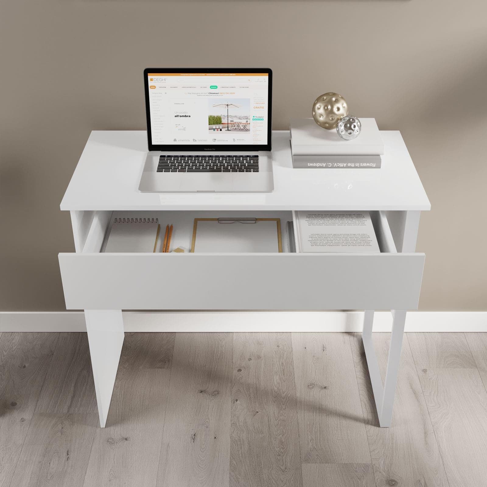 Scrivania 90x45 cm in acciaio e legno bianco con cassetto - Fritz