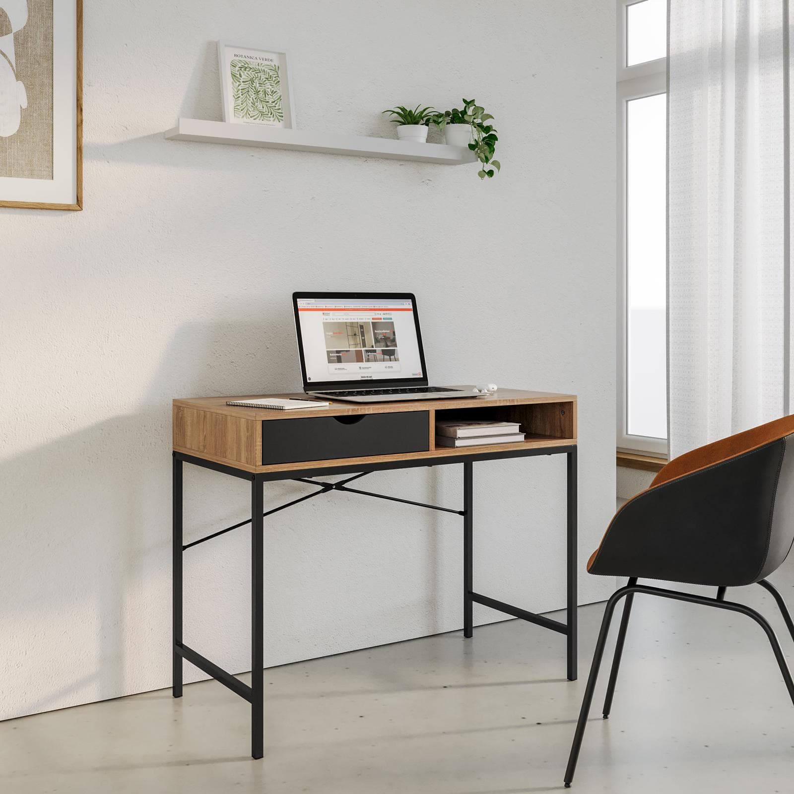 Scrivania 95x48 cm effetto rovere selvatico e acciaio nero con 1 cassetto - Tasfen