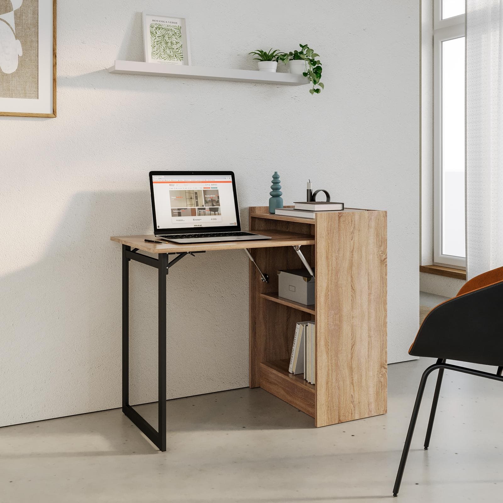 Scrivania a scomparsa 102x58 cm effetto rovere selvatico e acciaio nero - Telpan