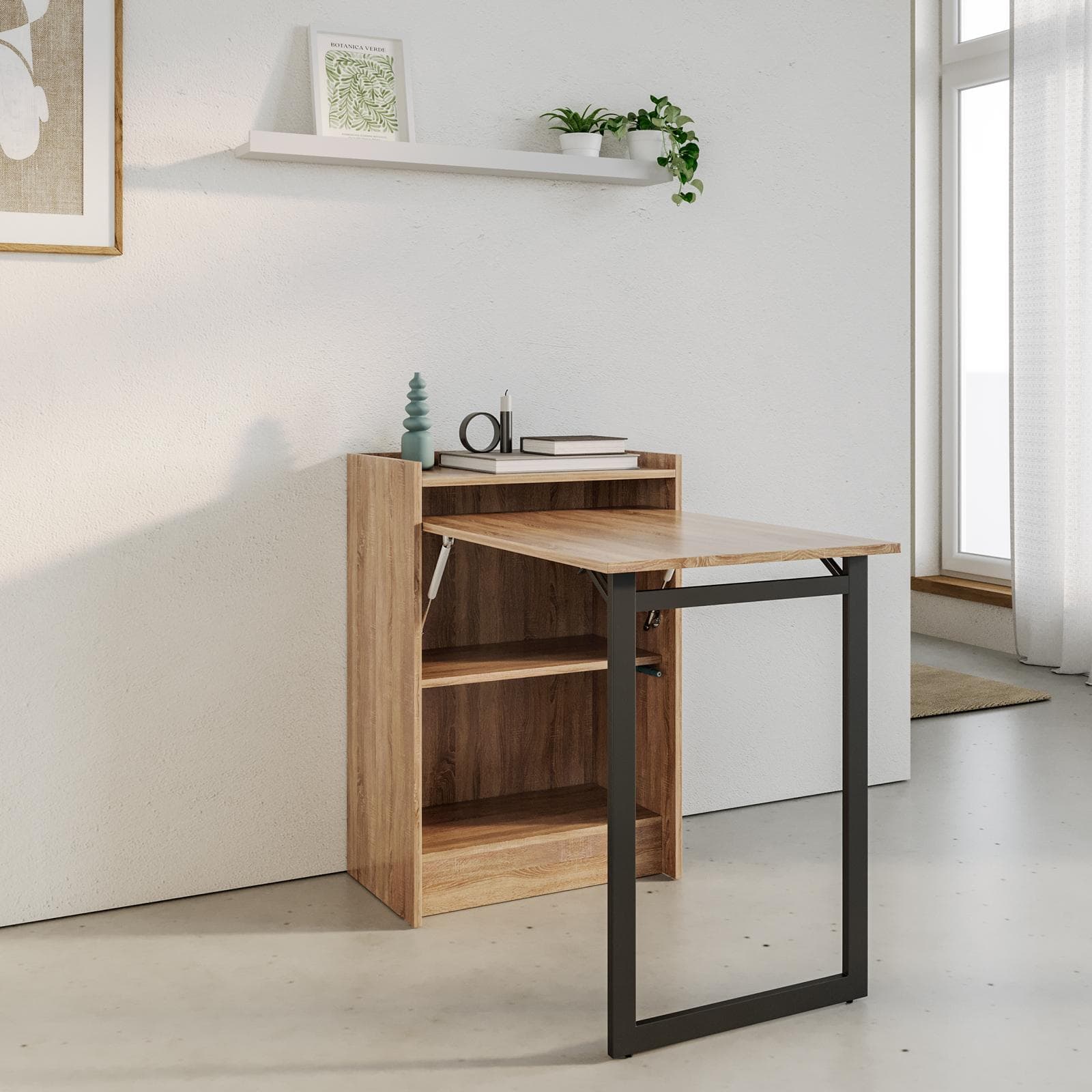 Scrivania a scomparsa 102x58 cm effetto rovere selvatico e acciaio nero - Telpan