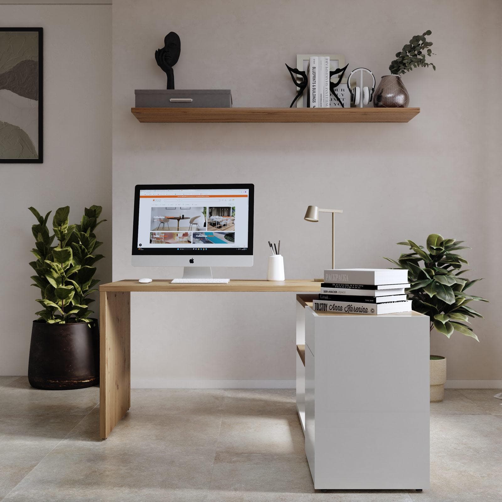 Scrivania angolare 140x140 top rovere artisan da 30 mm con cassettiera bianco lucido - Neos