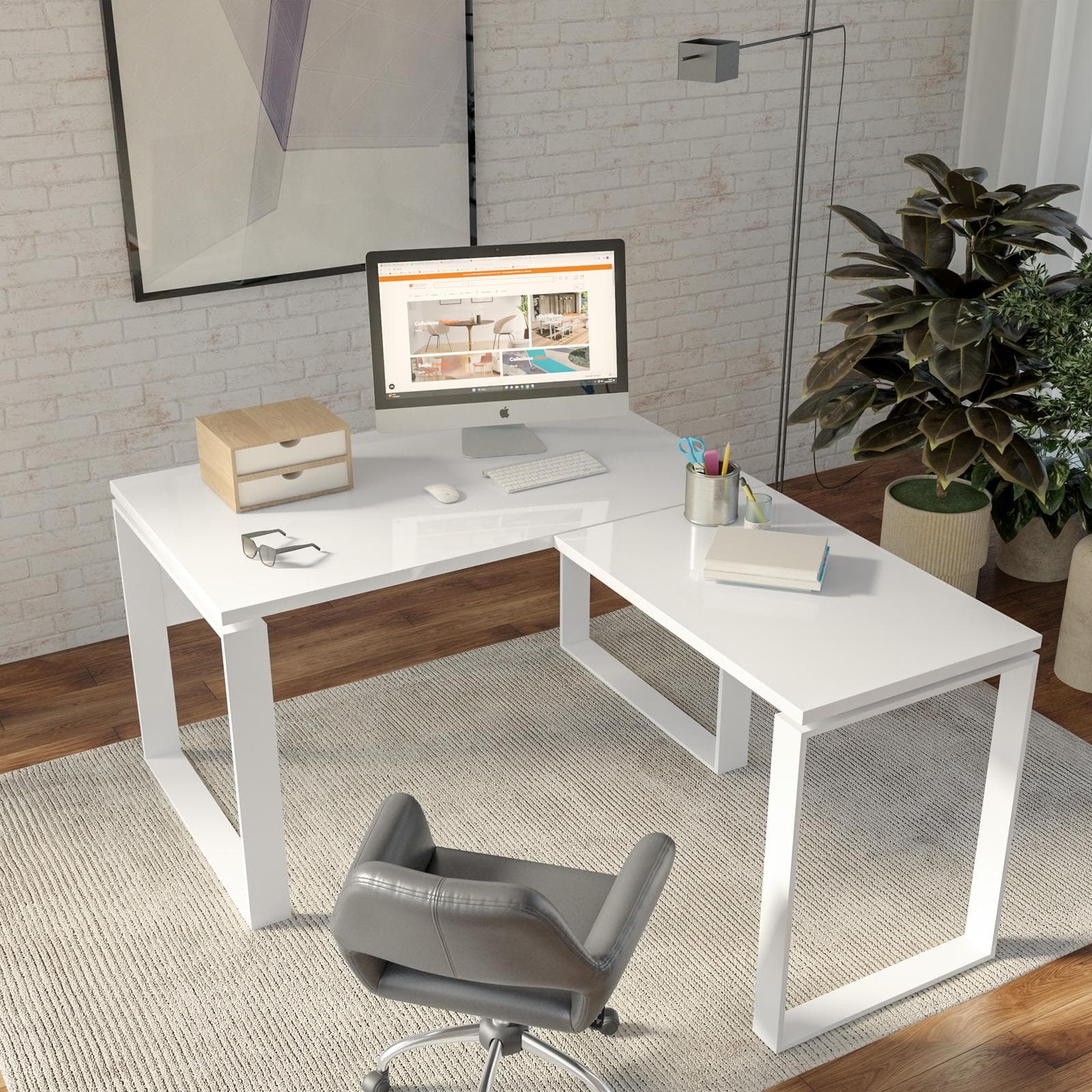 Scrivania angolare 140x170 cm con top bianco lucido da 30 mm e gambe in metallo - Homely office
