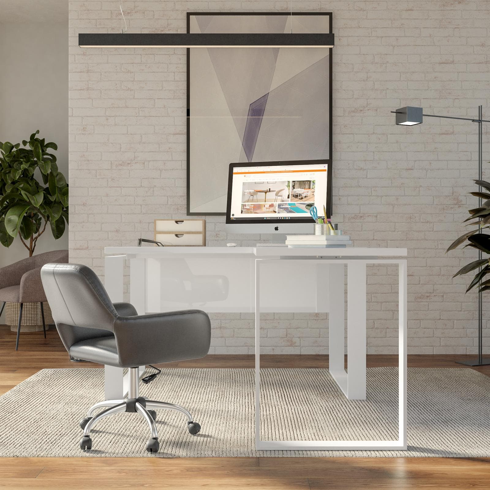 Scrivania angolare 140x170 cm con top bianco lucido da 30 mm e gambe in metallo - Homely office