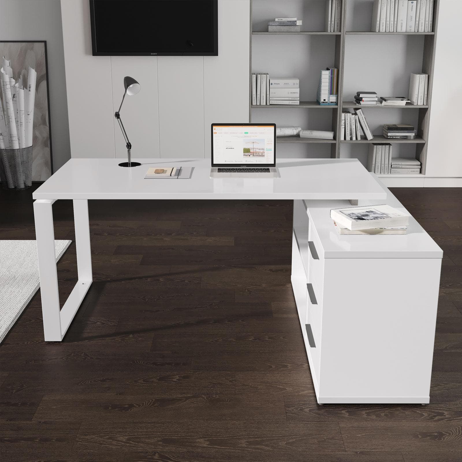 Scrivania angolare 170x140 cm top bianco lucido da 30 mm e cassettiera - Homely office
