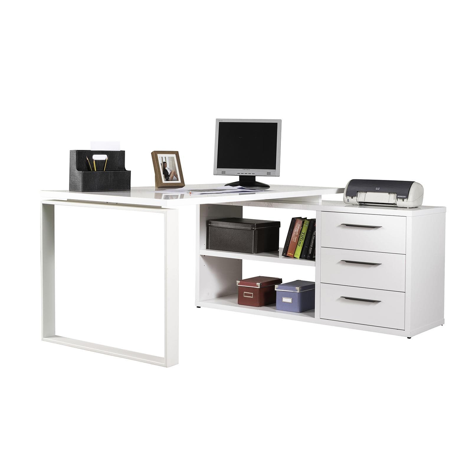 Scrivania angolare 170x140 cm top bianco lucido da 30 mm e cassettiera - Homely office